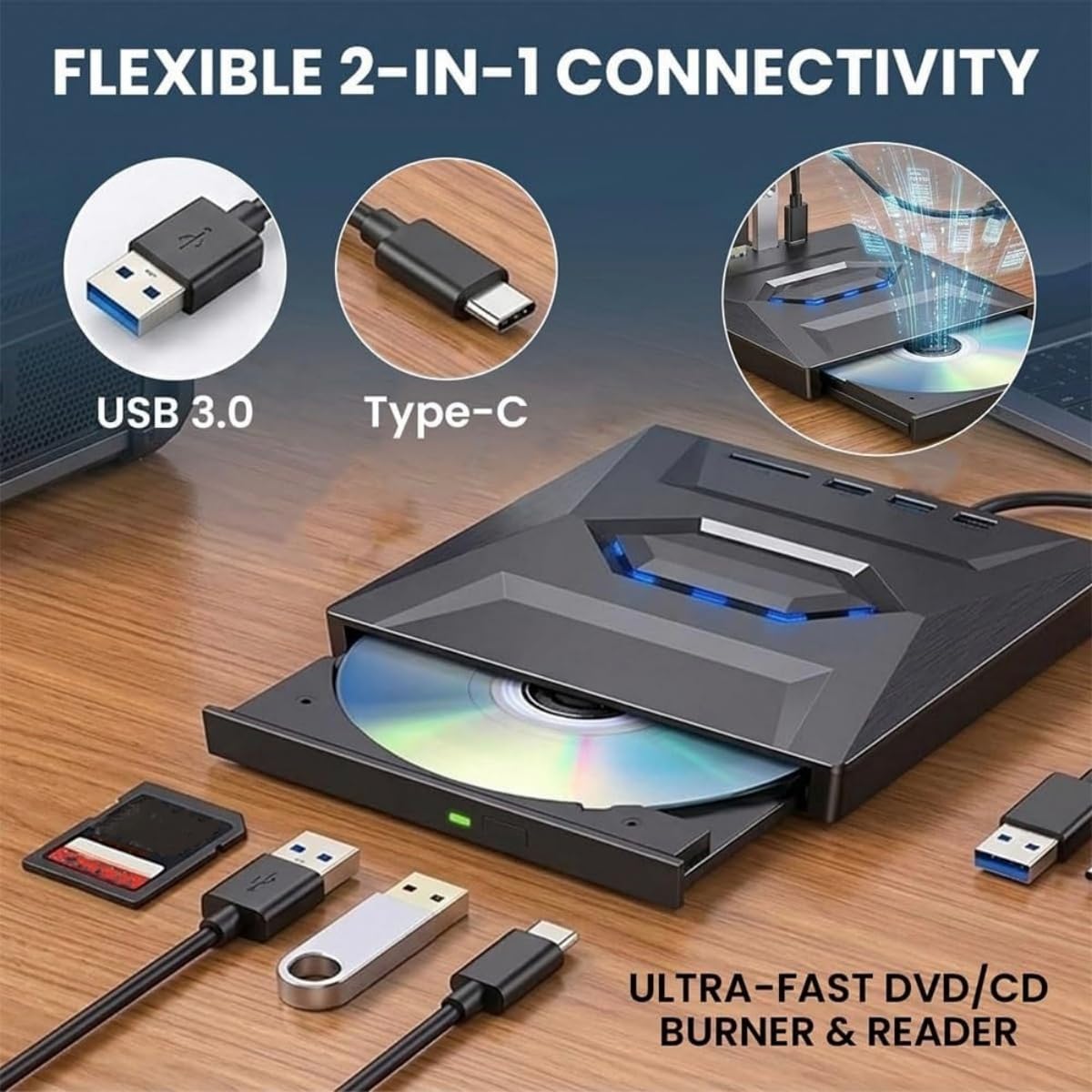 7-in-1 Externes USB-DVD-Laufwerk & Blu-ray-Player, USB C 3.0 Typ-C Tragbarer BD/DVD/CD-Brenner, Lesegerät mit 3 USB-Ports, Hub & SD/TF-Kartenleser, 6 x Blu-ray-Laufwerk für Desktop-Laptop