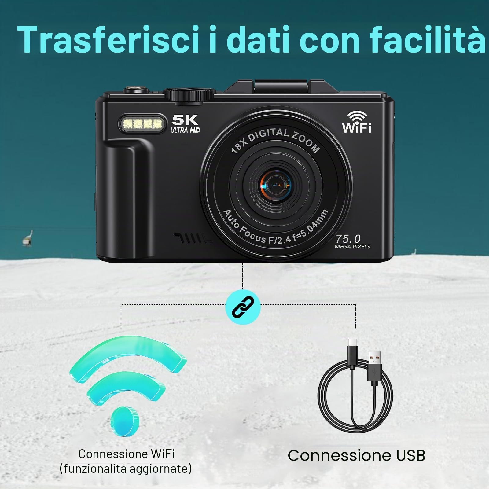 Fotocamera digitale 5K per fotografia, fotocamera da 75 MP WiFi per YouTube, fotocamera digitale UHD 18X Zoom con schermo flip da 3" 180°, flash da viaggio con scheda SD da 32 GB, per principianti e
