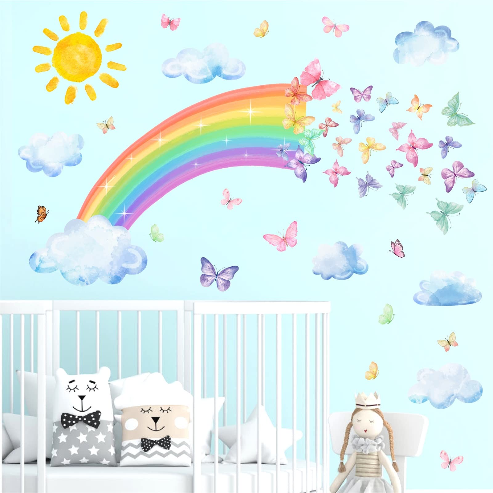 Colorful Rainbow Wall Stickers for Kids Girls Bedroom Accessories Butterflies Cloud Wall Decals Peel and Stick for Children Baby Nursery Room Playroom Decoration