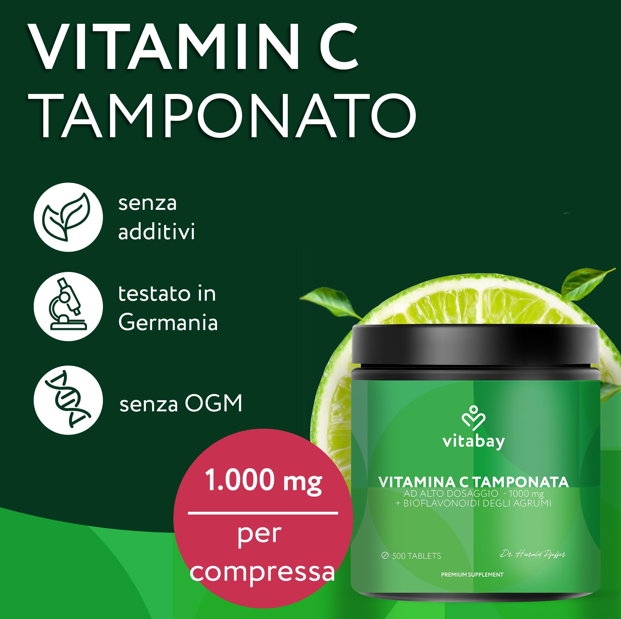 Vitabay Vitamina C 1000 mg - 500 Compresse di Vitamina C Naturale con Bioflavonoidi di Agrumi (50 mg) a Rilascio Prolungato - Vegana e ad Alto Dosaggio - Acido Ascorbico (60%) - Testata in Laboratorio