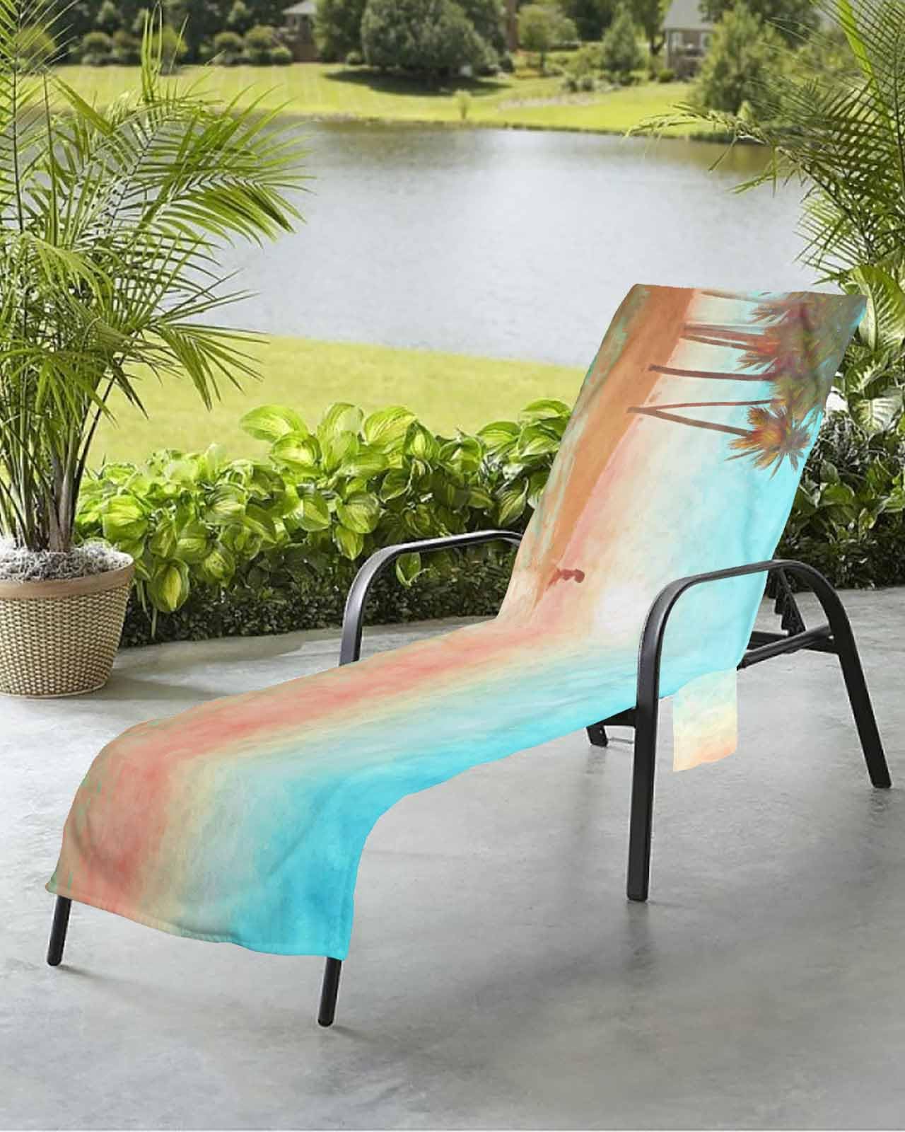 Coconut Tree Beach Chair Towel Covers for Chaise Lounge with Side Pocket, Soft Plush Pool Towels Cover for Patio Sunbathing Outdoor 29''x85'' Beach Summer Island Girl Sun Painted