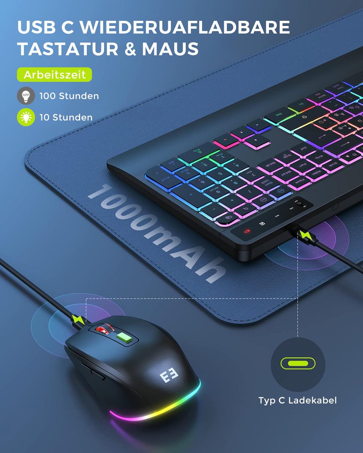 Seenda JPX006 kabelloses Tastatur Maus Set beleuchtet ergonomisch mit Handyhalter Handballenauflage leise Tasten QWERTZ