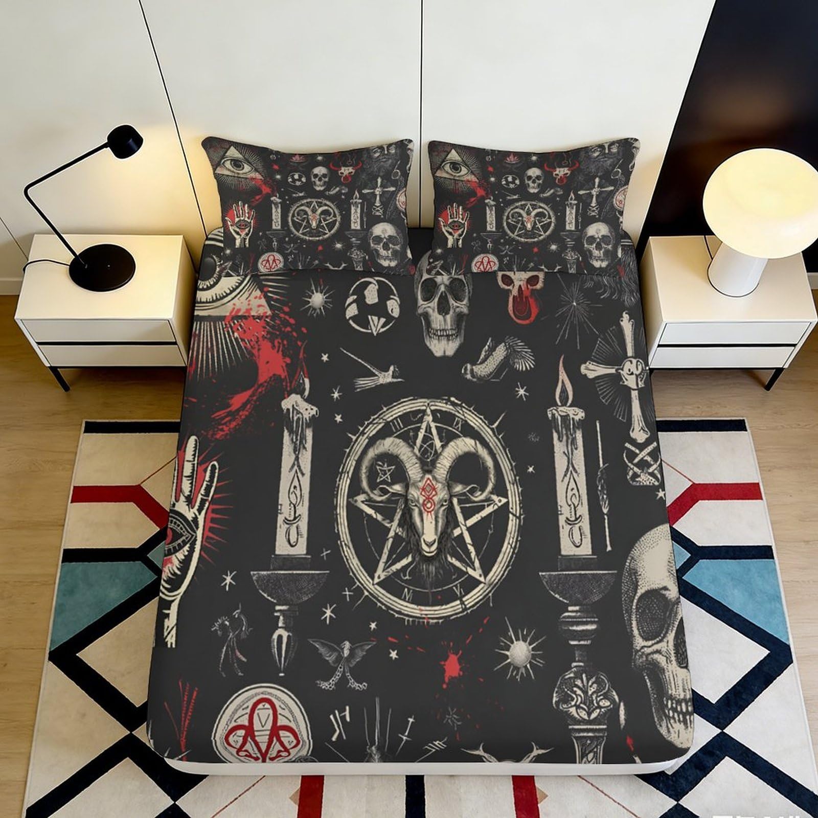 3D Printed Gothic Skull Fitted Sheet Microfiber Deep Pocket Non-Slip Bedroom Bedding Set Dark Style Mattress Fitted Cover Full Wrap Washable 160x200x25cm