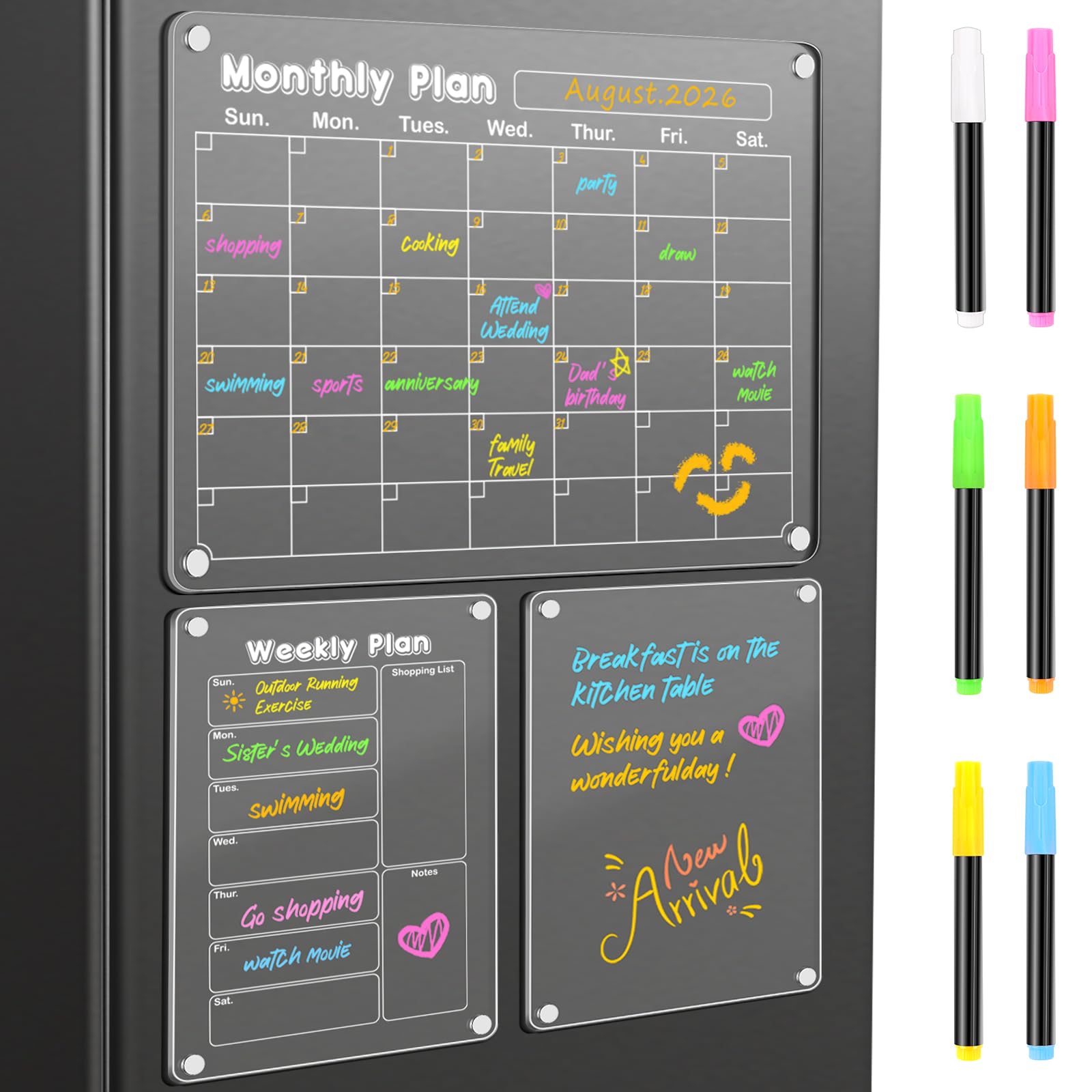 DIYMAG Planning Pads 3Pack Acrylic Magnetic Dry Erase Calendar for Fridge,15"x11" Set 2026 Magnetics Weekly Monthly Memo Planner Board for Refrigerator with 6 Colors Markers