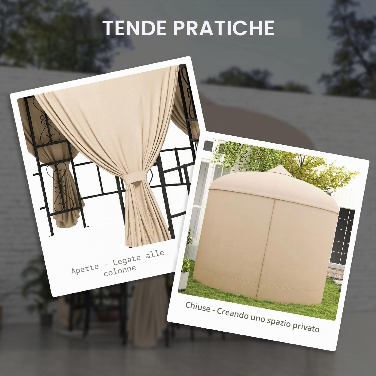 Gazebo 3 mt Gazebo Giardino Rotondo in Metallo/Tessuto con Tende colore Beige