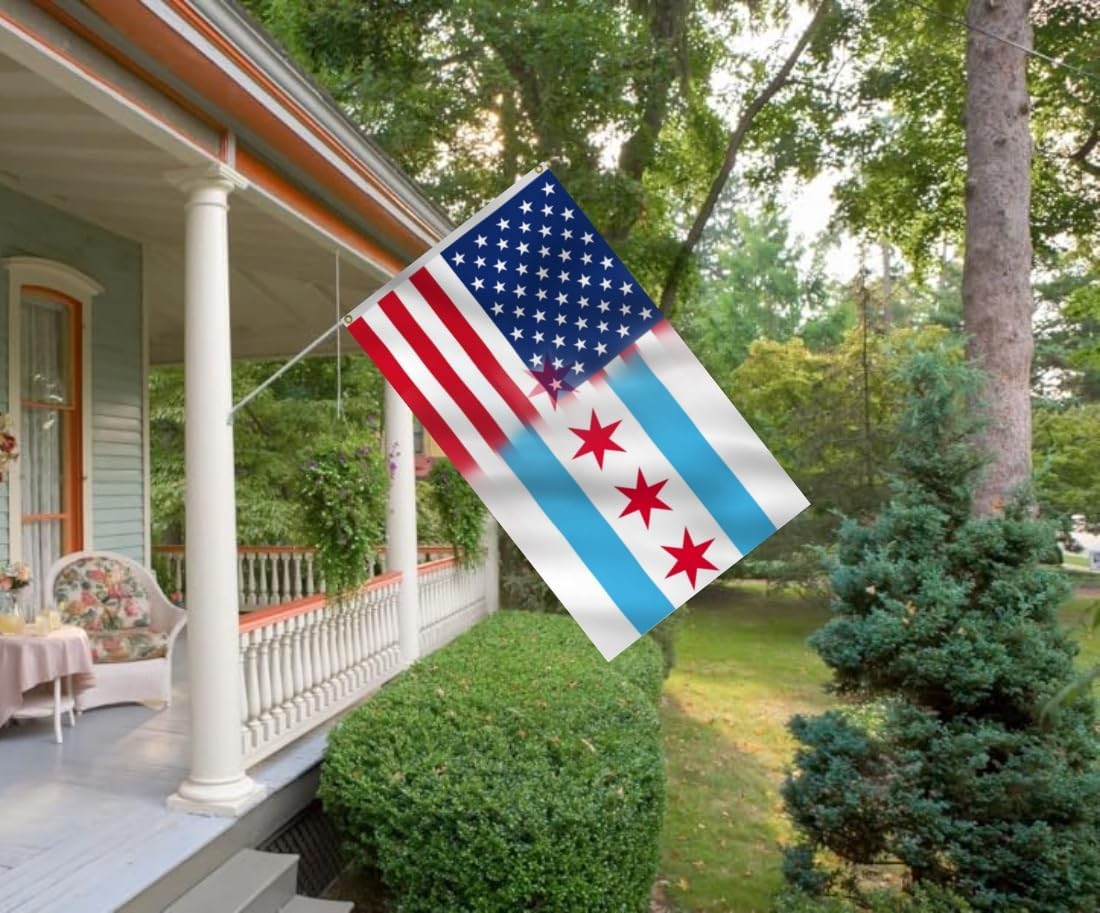 Chicago And American Combination Flag 6X10FT, Chicago City And USA Friendship Flags,Both Sides Printed, Men Women Banner,Vibrant Colors, Double Stitched with 2 Brass Grommets, Bar Garden Street Decoration, GYM, Office Decor,Indoor Outdoor Use,Gifts. (US-Chicago, 6x10ft)