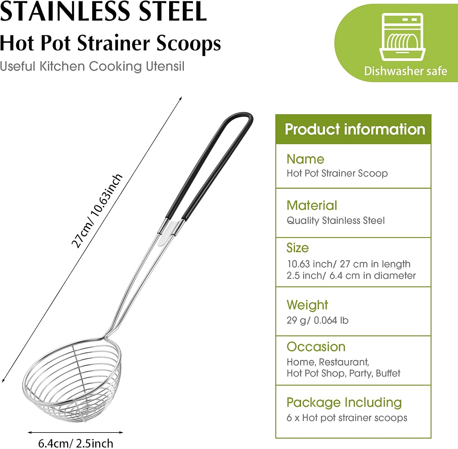 Geiserailie 6 Pcs Hot Pot Kit Mini Stainless Steel Strainer Scoop, Black