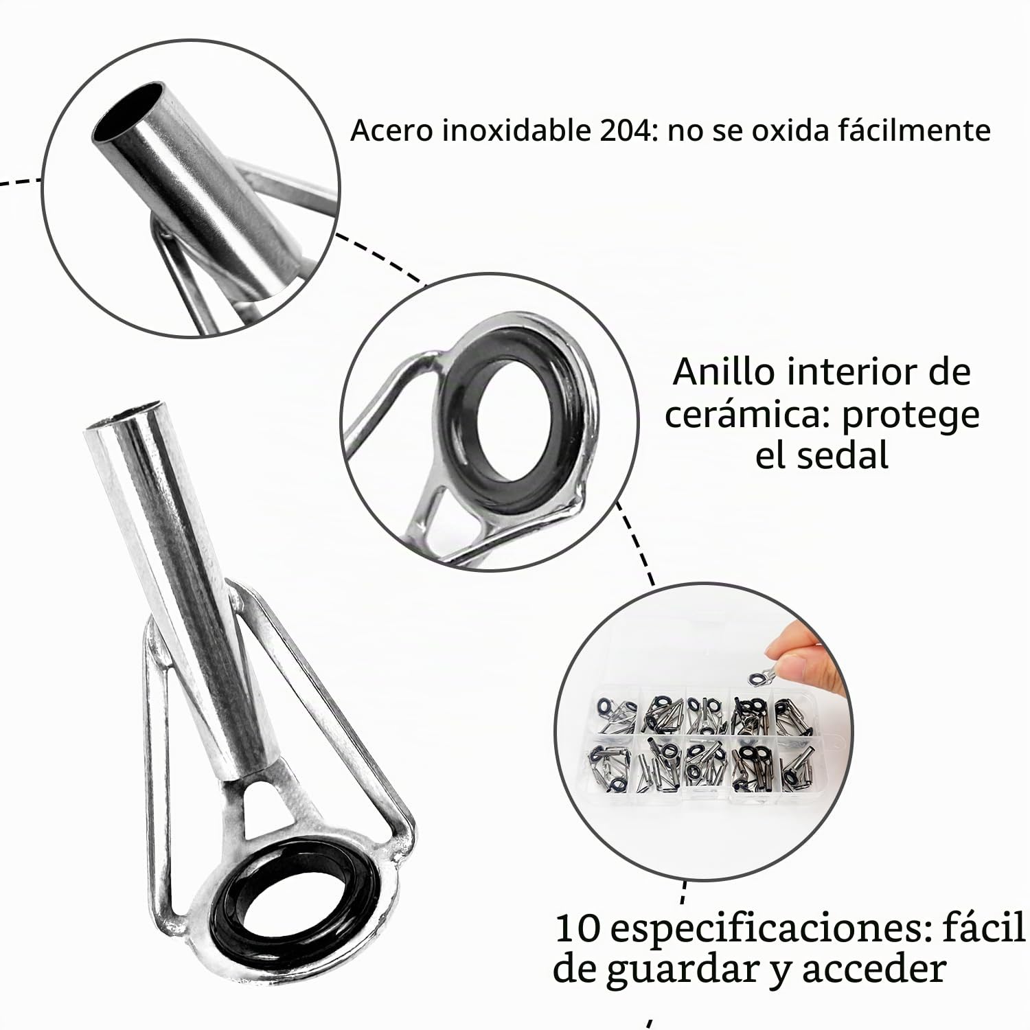 Kit de reparación de puntas de caña de pescar, 40 piezas, repuesto de punta de caña de acero inoxidable de 1.6-3.2 mm con caja de plástico, anillos guía de cerámica para caña de pescar para