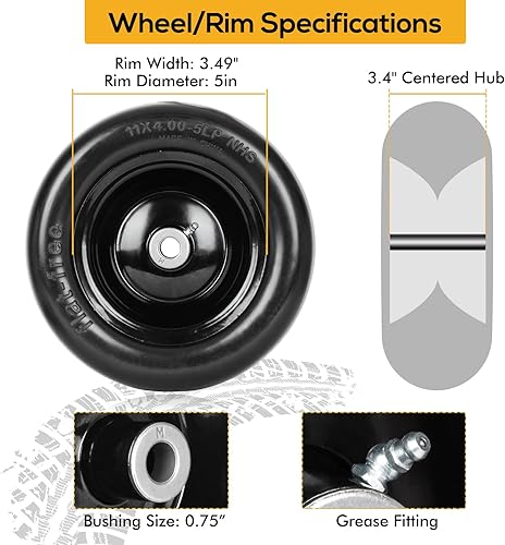 Miniatura 6 de WEIZE Neumático de cortacésped plano de 11 x 4.00-5, cubo centrado de 3.4 a 4.5 a 5 pulgadas, bujes de 34 o 58 pulgadas, neumático de césped de