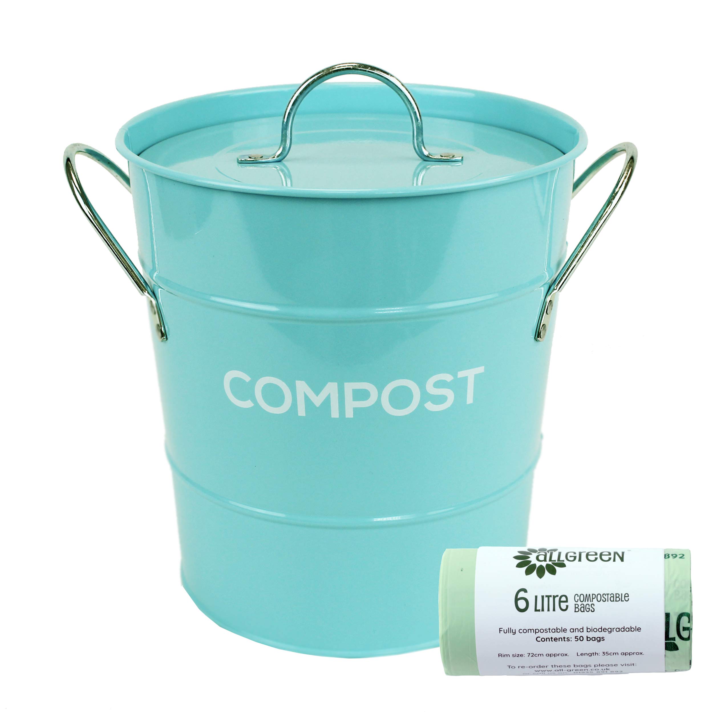 Light Blue Metal Kitchen Compost Caddy & 50x 6L All-Green Compostable Bags - Composting Bin for Food Waste Recycling