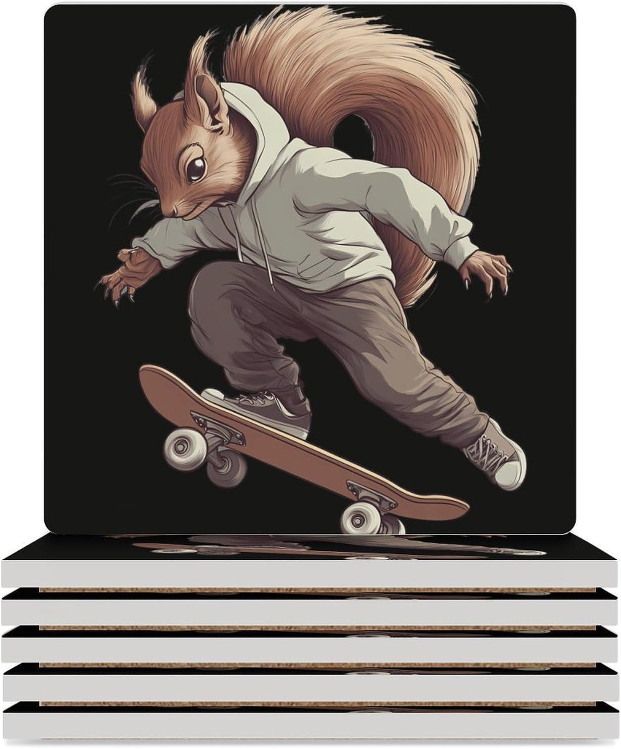 Funny Squirrel Skateboard Skater Ceramic Coasters Set Square Drink Coasters Table Coaster for Kitchen Desktop Decor