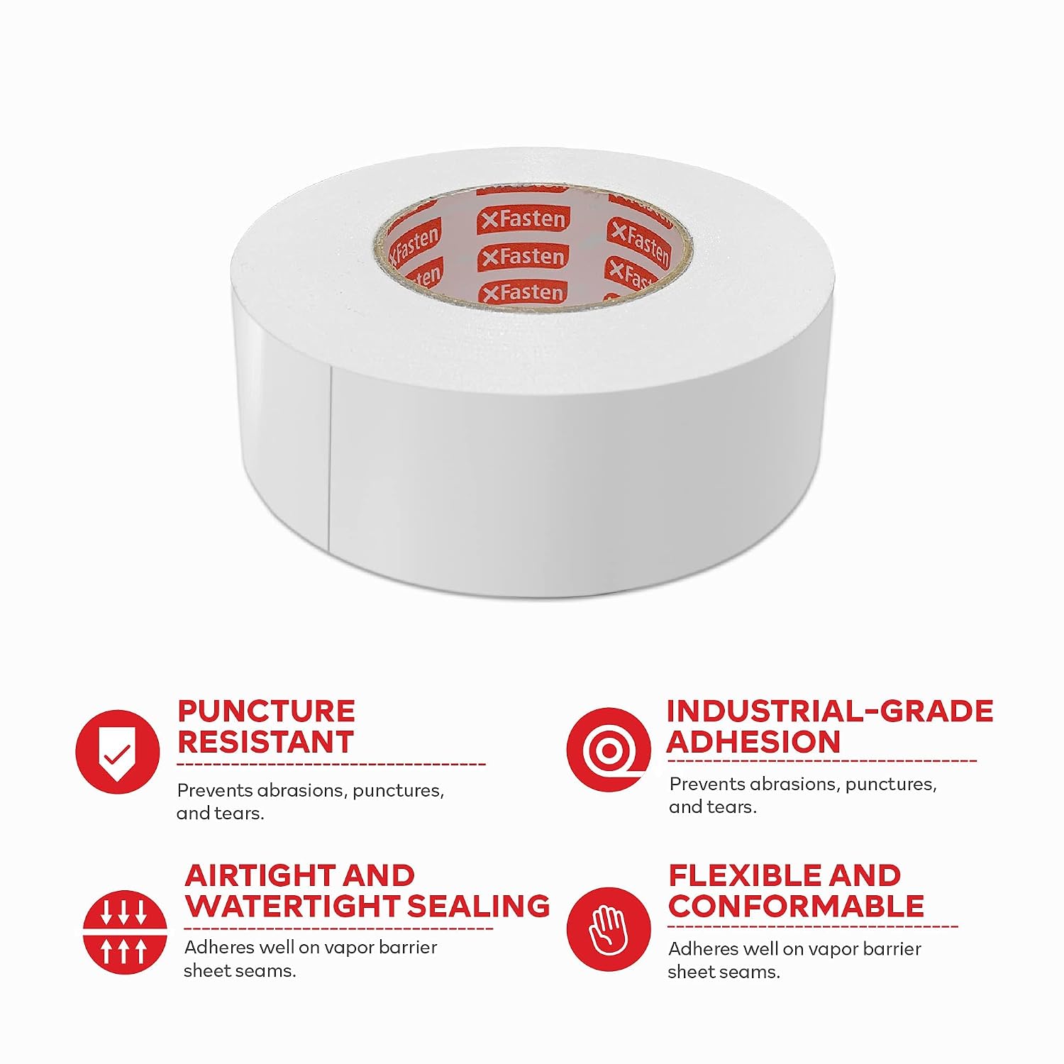 XFasten White Vapor Barrier Tape, 9 mil, 3.78-Inch x 60-Yards, Waterproof Moisture Barrier Tape for Crawlspace Encapsulation, Construction Sheathing Seal Film, Housewrap Seaming and Underlayment Seal