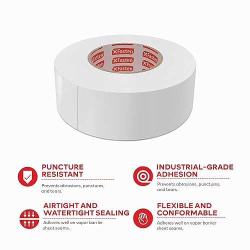 Miniatura 3 de XFasten Cinta de barrera de vapor blanca, 9 mil, 3.78 pulgadas x 60 yardas, cinta de barrera de humedad impermeable para encapsulación de espacio de