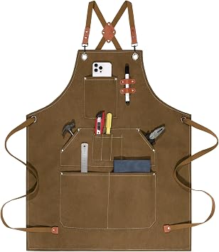 Work Aprons for Men Women with 9 Pockets Chef Apron 14oz Cotton Canvas Cross Back Aprons Heavy Duty Apron Brown Tool Apron for Woodworkers Kitchen Cooking Apron Waterproof Apron Size M to XXL
