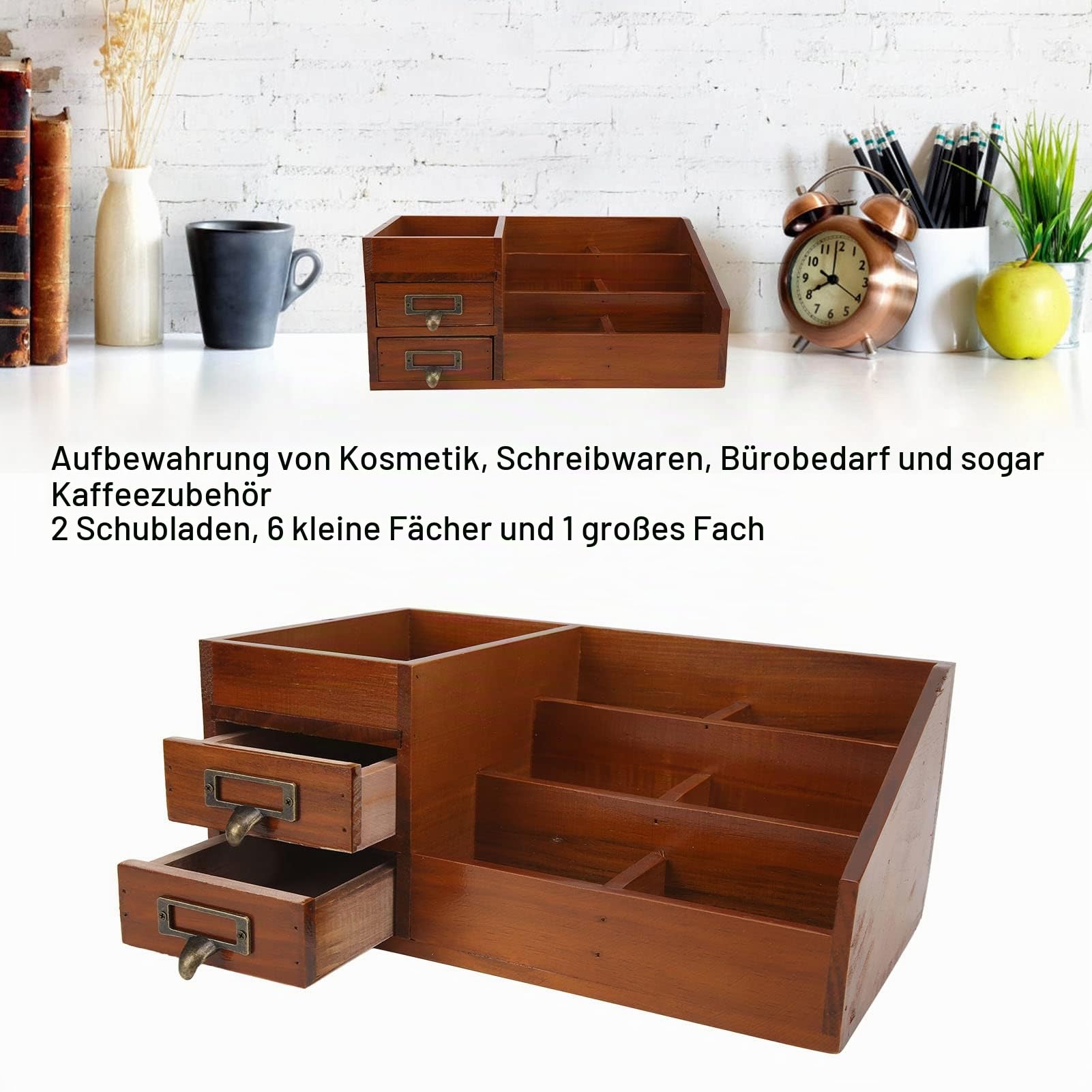 Tyenaza Make Up Organizer, Retro Mehrschicht Schubladen Organizer Multifunktional Schminke Aufbewahrung, Holz Aufbewahrungsschrank,Kosmetik-Schublade für Büro, Küche(34.5 x 19.5 x 14.5cm)