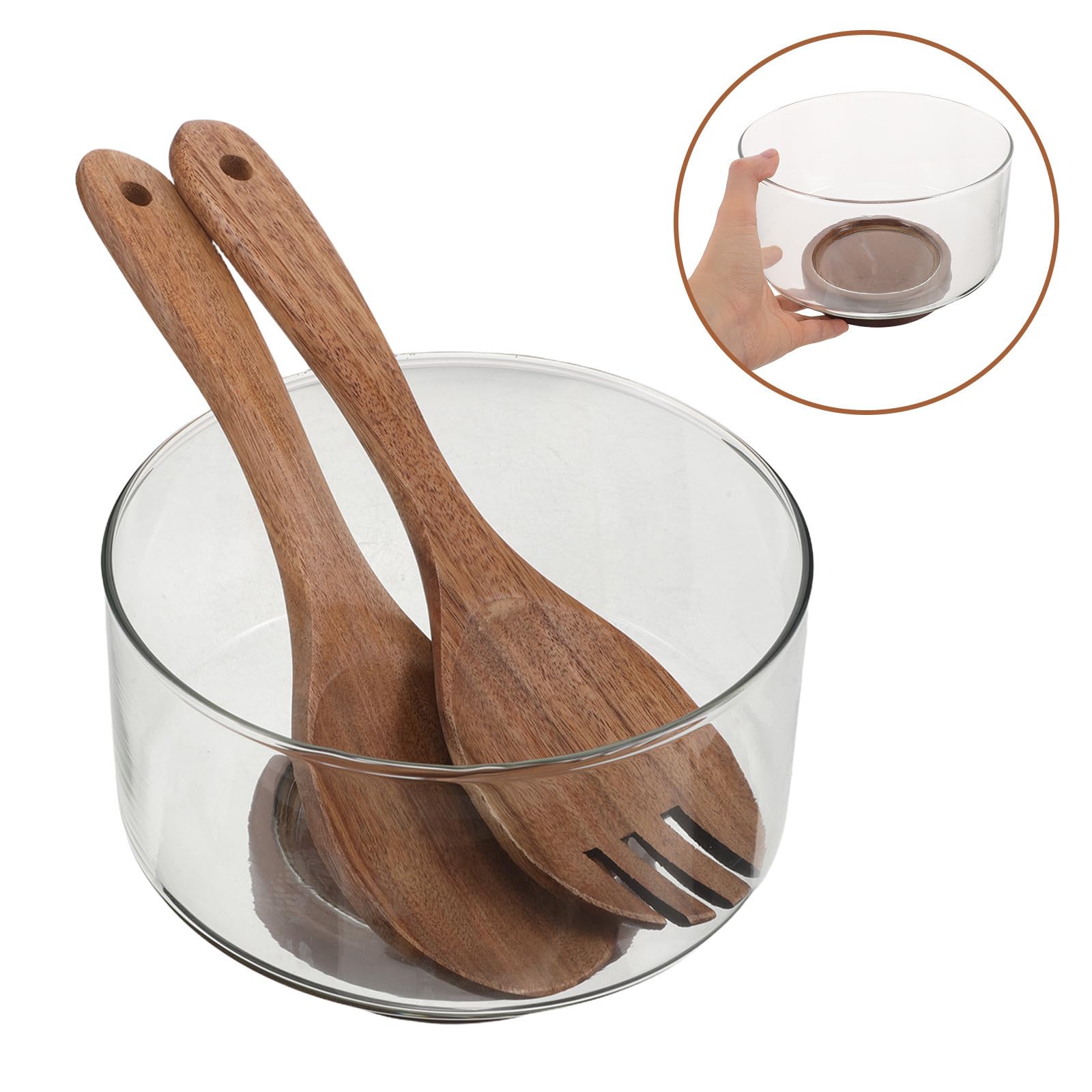 Ensaladera de Vidrio con Base de Madera Estable y Capacidad de 1.7l, Resistente Temperatura, Adecuado para Servir Ensaladas y Entretener Invitados