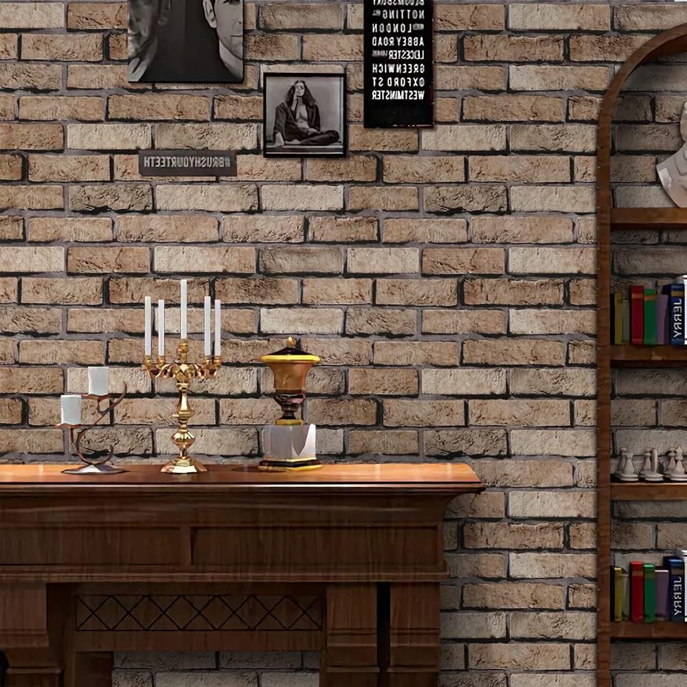 Hopepak 394''X17.7'' Brown Brick Wallpaper Peel and Stick Vintage Brick Wallpaper Faux Brick Self Adhesive Removable Wall Paper Vinyl Contact Paper for Kitchen Backsplash Fireplace Wall Bedroom