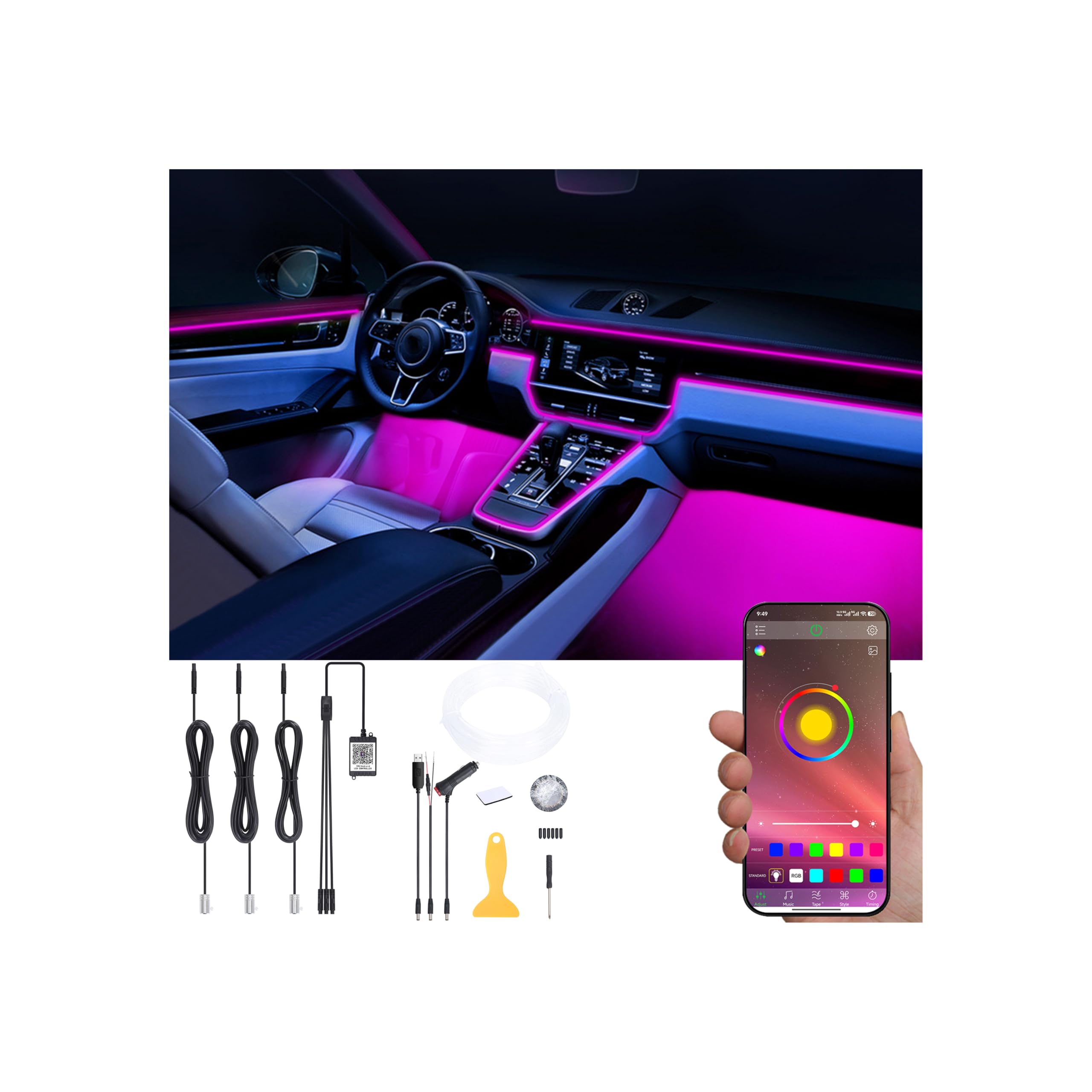 Auto Umgebungsbeleuchtung Kit 64 Farben Mehrfarbig Musik Glasfaser APP Steuerung Auto DIY Dekorative Atmosphäre Beleuchtung DC 12V 1W 4m