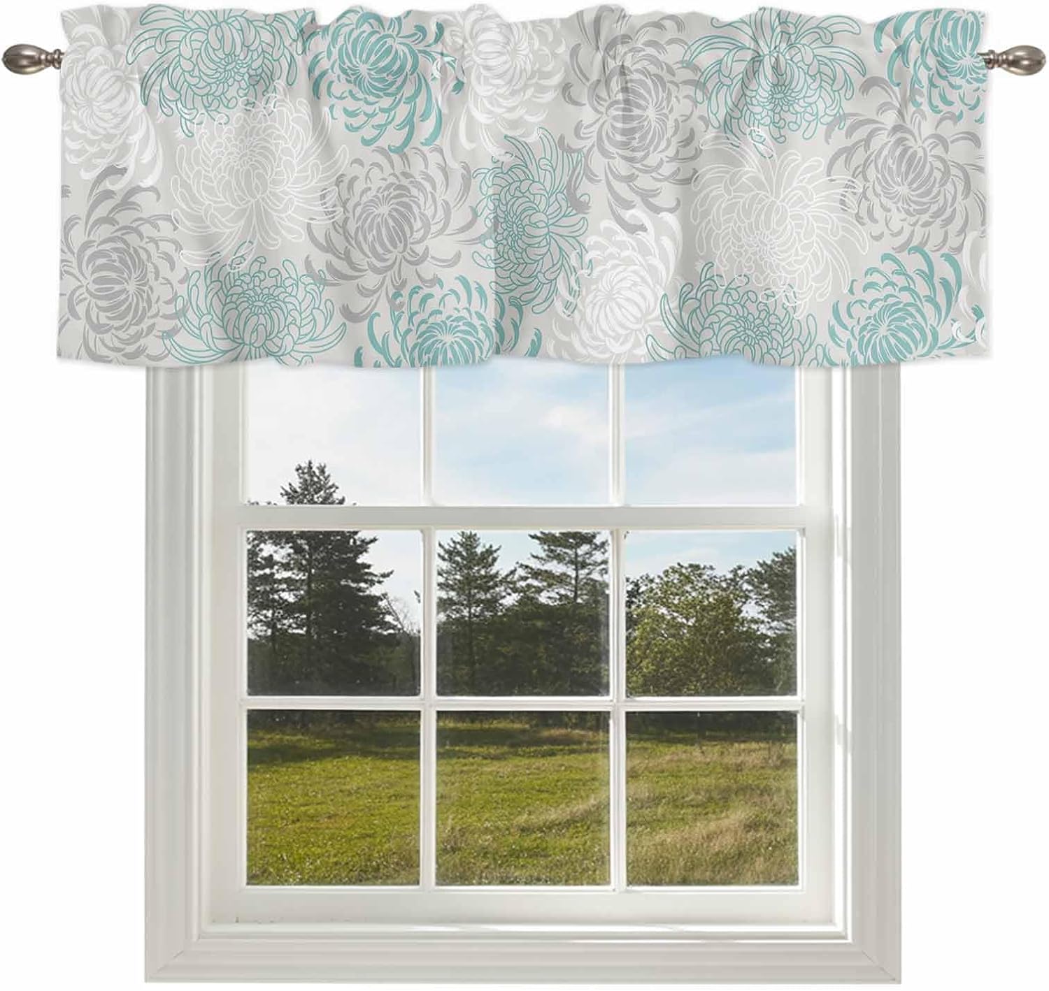 Valances for Kitchen Windows Watercolor Blue Chrysanthemum Valance Curtain Rod Pocket Valance Small Short Curtains, Vintage Floral Art Window Valances for Bedroom Living Room Bathroom Cafe 54x18in