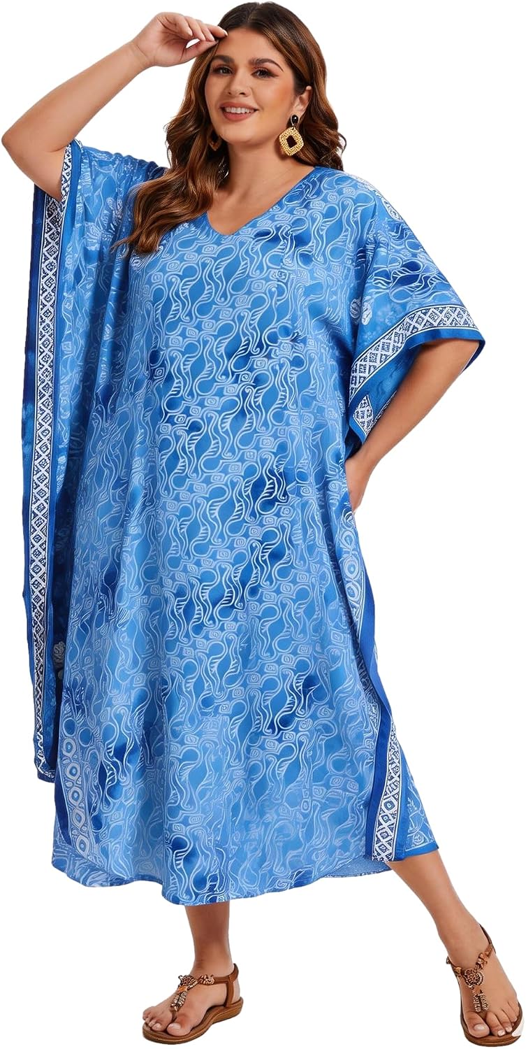 Beautybatik Women Hand Blocked Batik Rayon Caftan Kaftan Loungewear Maxi Plus Size Long Dress XL to 4X