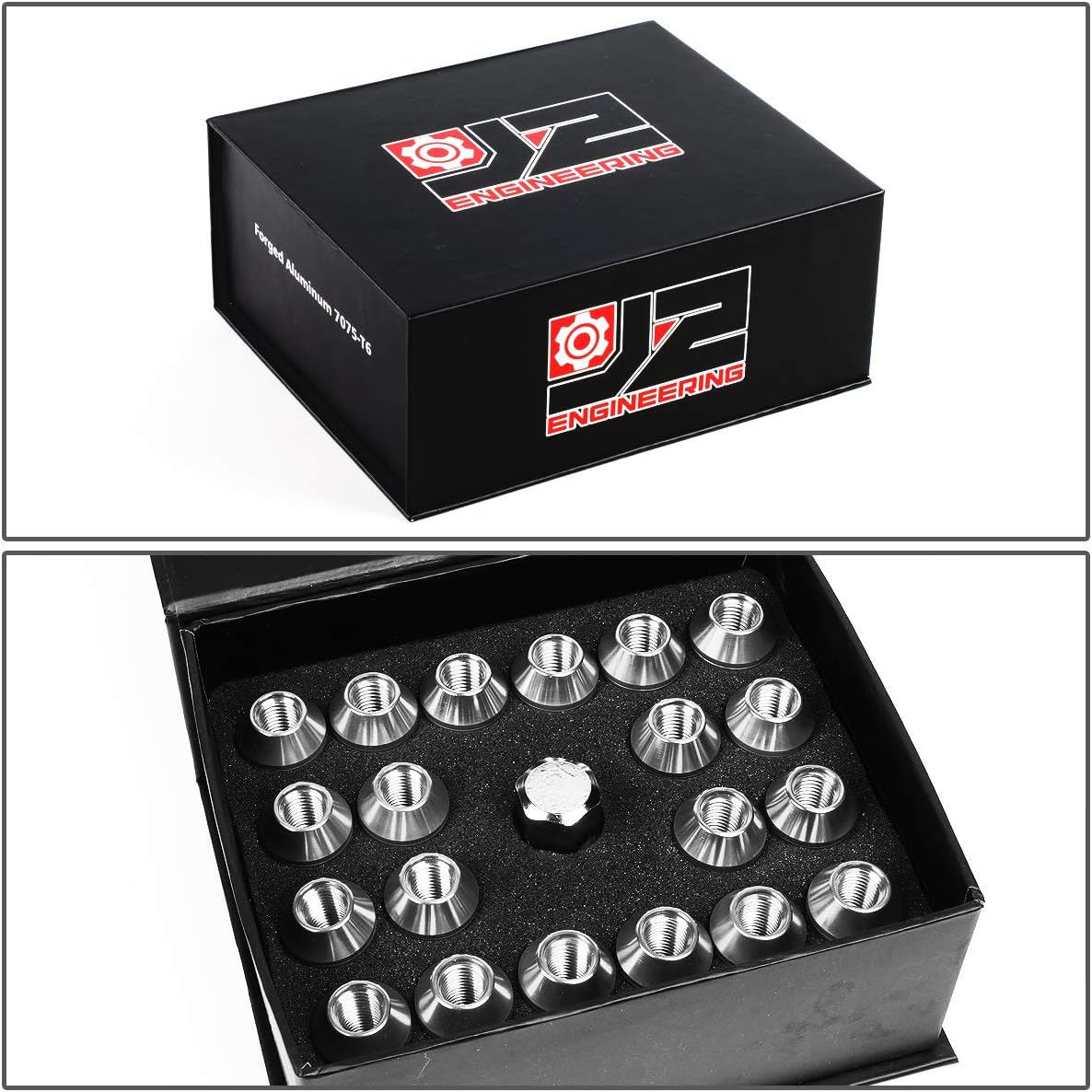 J2 Engineering 20 Pcs 7075 Aluminum Open End M12 x 1.5 Lug Nuts Set w/Socket Adapter, Silver, Fit Conical Seat, LN-T7-004-15-SL