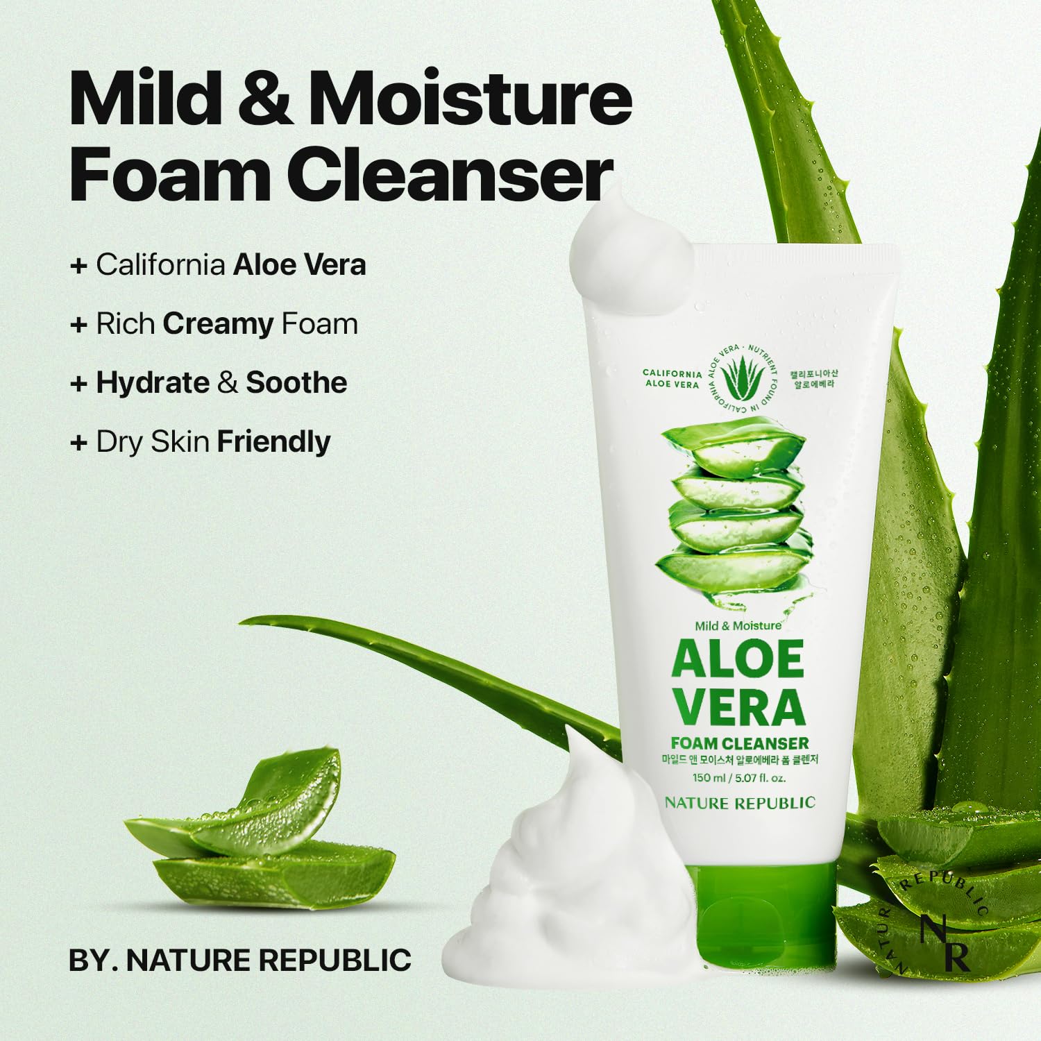 Nature Republic Mild & Moisture Aloe Vera Foam Cleanser Hydration & Moisturizing makeup remover, Pore Cleansing aloe face wash,Korean Skin Care for All Skin Types 150ml / 5.07 fl Oz