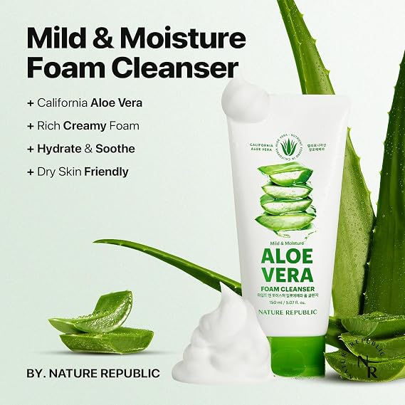 Nature Republic Mild & Moisture Aloe Vera Foam Cleanser | Hydrating Facial Cleanser, Gentle Makeup Remover & Pore Cleansing Face Wash, Korean Skincare for All Skin Types (150ml / 5.07 fl oz)