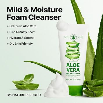 Nature Republic Mild & Moisture Aloe Vera Foam Cleanser | Hydrating Facial Cleanser, Gentle Makeup Remover & Pore Cleansing Face Wash, Korean Skincare for All Skin Types (150ml / 5.07 fl oz)