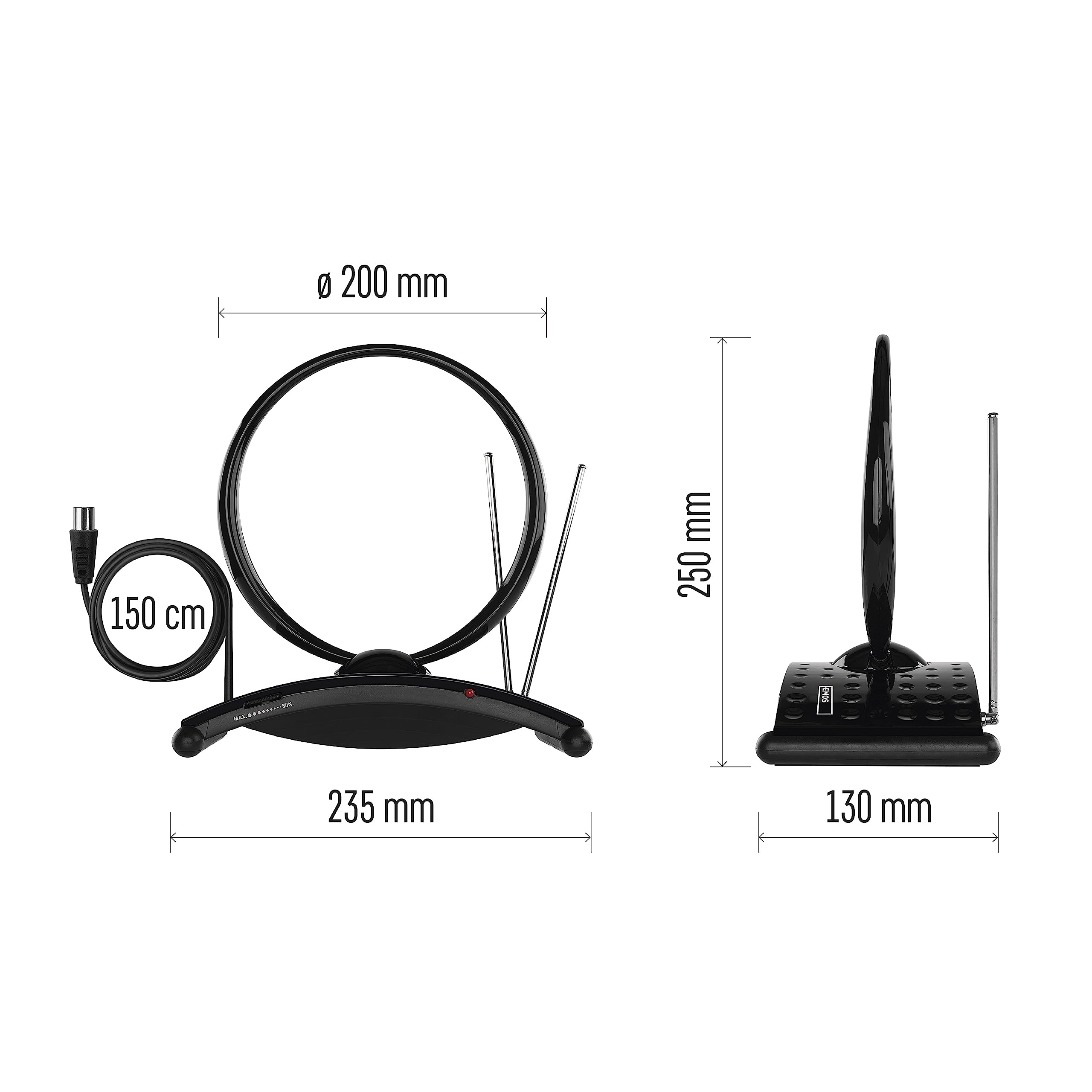EMOS Antena Interior Digital Activa J0701 para recepción Full HD DVB-T/T2, Dab, con Filtro LTE/5G Integrado y Amplificador de señal, 0-25 km