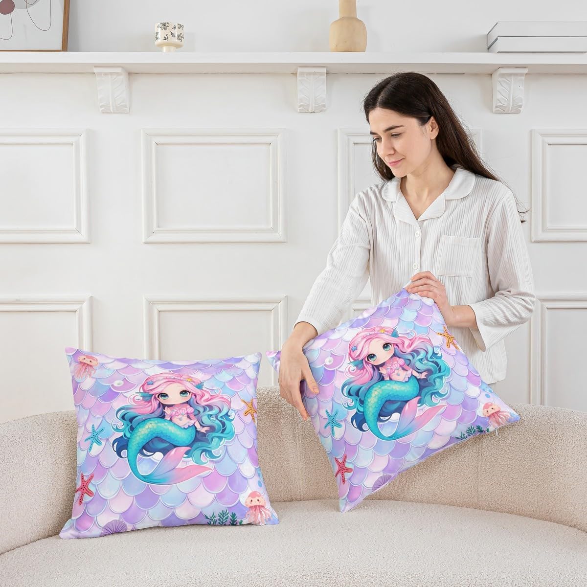 Erosebridal Mermaid Tail Pillow Cover 24x24 Inch,Cute Mermaid Princess Throw Pillow Cover for Sofa,Kids Fish Scales Cushion Case,Girly Purple Blue Sea Animal Skin Decorative Pillow Cover