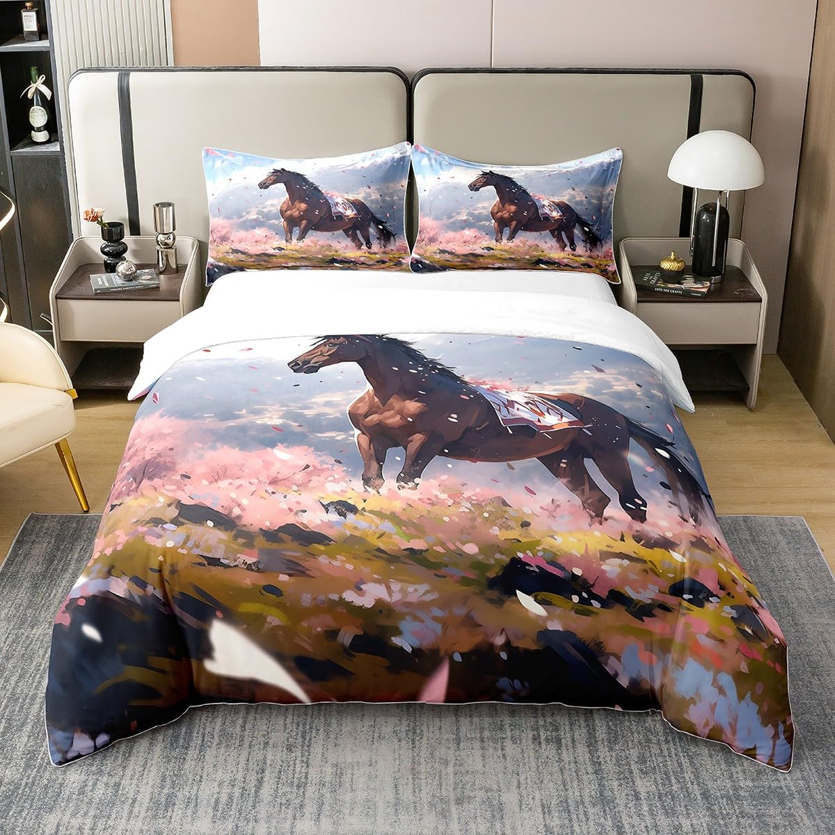 Homewish - Juego de cama de algodón, 200 x 200 cm, diseño de caballo, diseño de caballo, color marrón