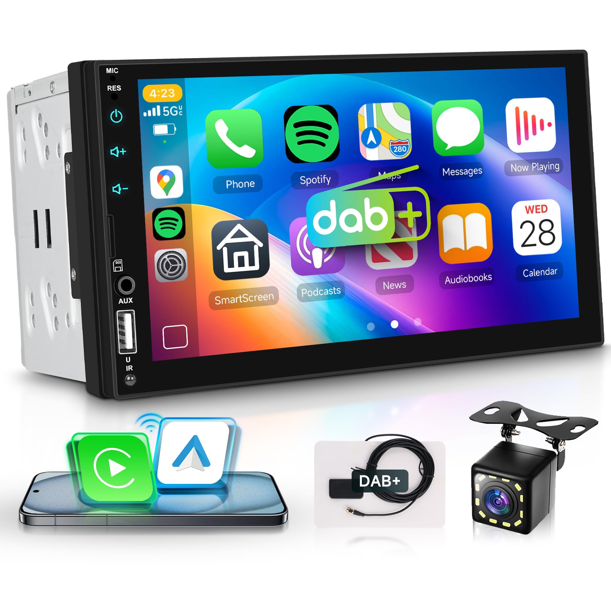 Rimoody Sans Fil Carplay Autoradio 2 Din avec DAB Adaptateur Android Auto iOS/Android Mirror Link 7 Pouces Écran Tactile Autoradio Bluetooth FM Radio DAB+/DAB/USB/EQ Commande au Volant Caméra de Recul
