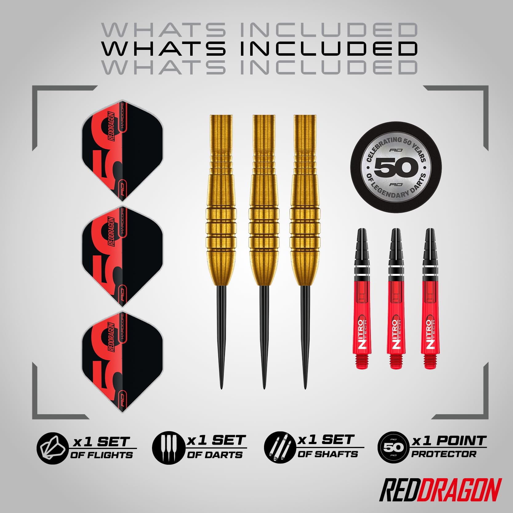 RED DRAGON Darts - Collection Classiques 50 Ans - Virgin Series - 95% Tungstène - Jeu de fléchettes à Pointe en Acier Professionnel - Comprend des ailettes et des tiges - Disponible en 24g & 26g