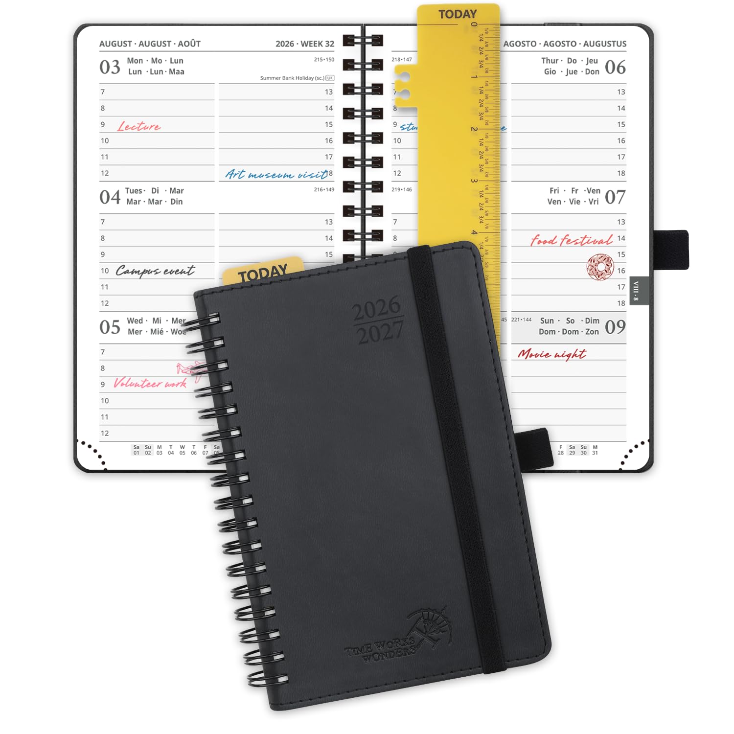 POPRUN Academic Pocket Diary 2026-2027 A6 (16x10.5 cm) Week to View Soft Cover Spiral 17 Months (Aug'26 - Dec'27) Small for Bag,Mid Year Weekly PU Leather Planner(Black)