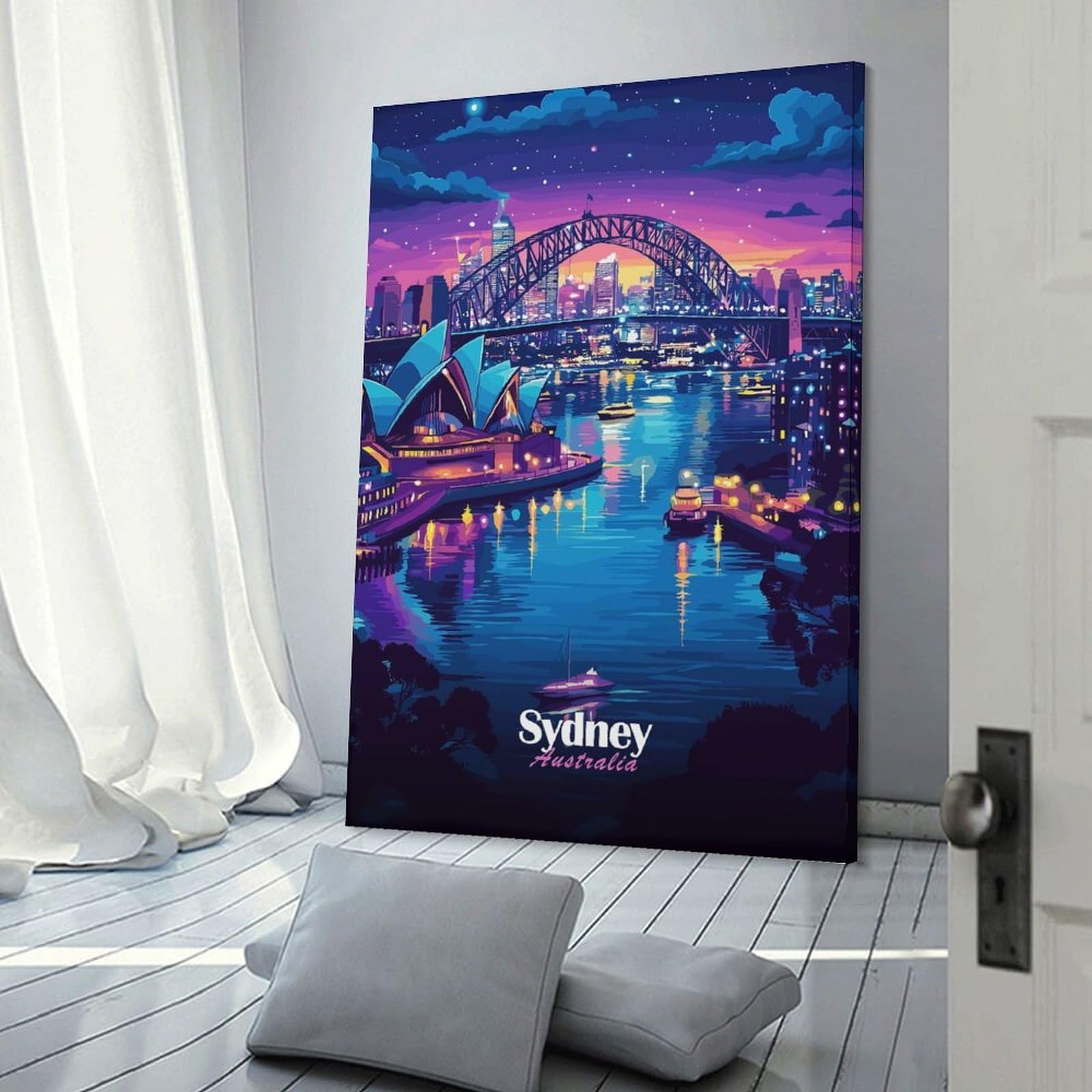 Junmoney Frame-Style-9 Sydney Harbour Night Wall Art Print, 20X30inch(50X75cm), For Office, Study Or Home Workspace, Decorative Artwork For Productive Spaces
