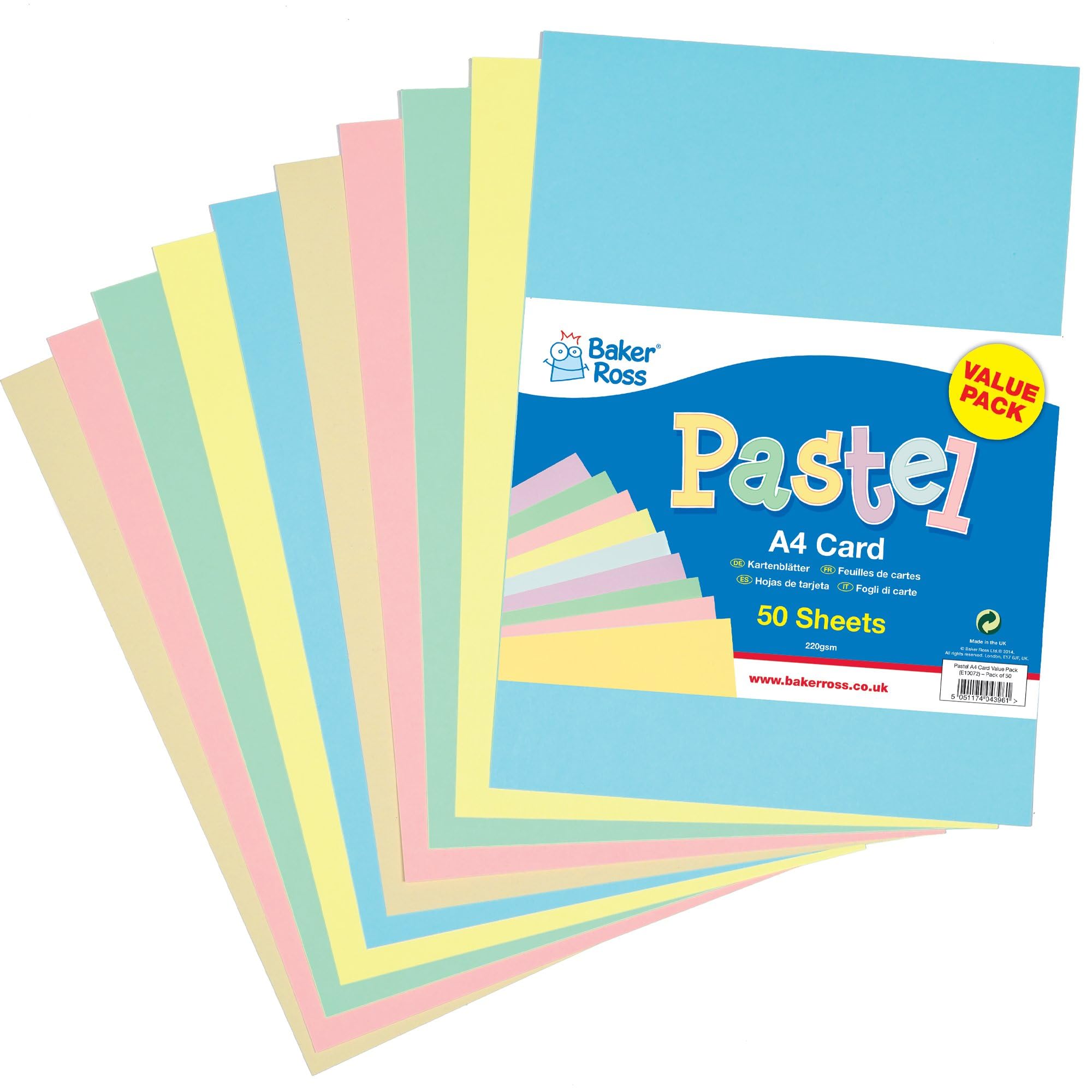 Baker Ross E10072 A4 Pastel Card Pack - Pack of 50, Easter Crafts, Craft For Kids