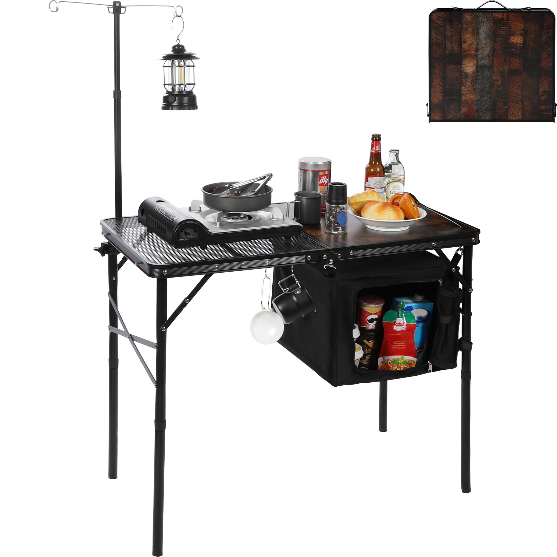 REDCAMP Portable Camping Kitchen Table, 3ft Folding Camping Grill Table with Storage Organizer and Telescoping Light Stand, Outdoor Cooking Station for BBQ, Party and Picnic