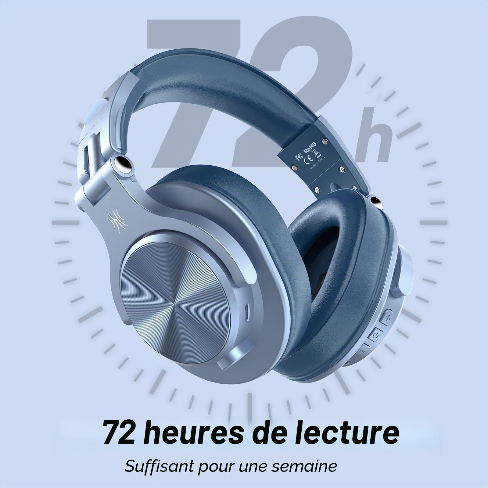 OneOdio A70 Casque Audio Bluetooth Sans Fil 72H, Casque Diadème Fermé avec Port Partagé, Écouteurs avec Câble de 3,5 mm pour DJ, Piano, Guitare, Enregistrement et Surveillance AMP, Bleu Ciel