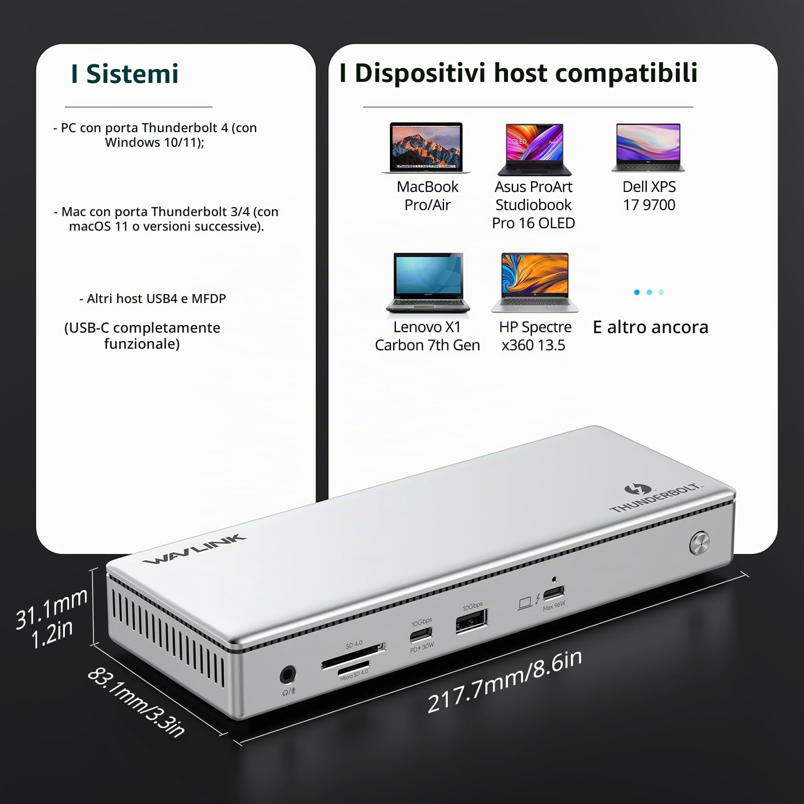 WAVLINK Docking Station Thunderbolt 4 13-in-1, 96W PD, 8K / Triple 4K, 2 porte TBT4, 2 porte HDMI, 4 porte USB-A, USB-C 10 Gbps, Ethernet 2.5G, lettore SD/TF, Audio, Compatibile con Mac e Windows