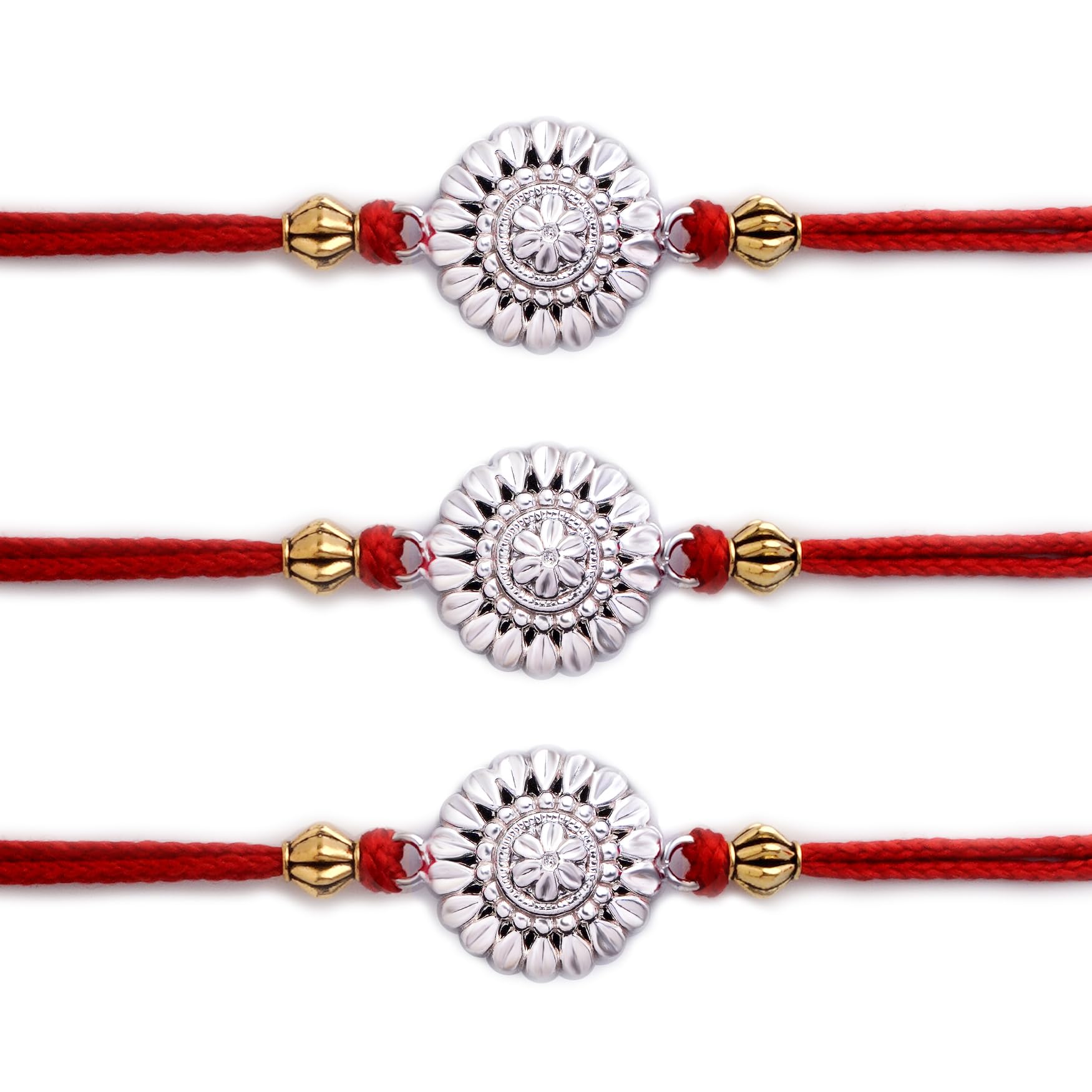 Milan Jewellers 99.5% Pure Silver Flower Rakhi|Raksha Bandhan Rakhi for Brother | Gift for Men & Boys| With Certificate of Authenticity and Roli Chawal (Pack of 3)