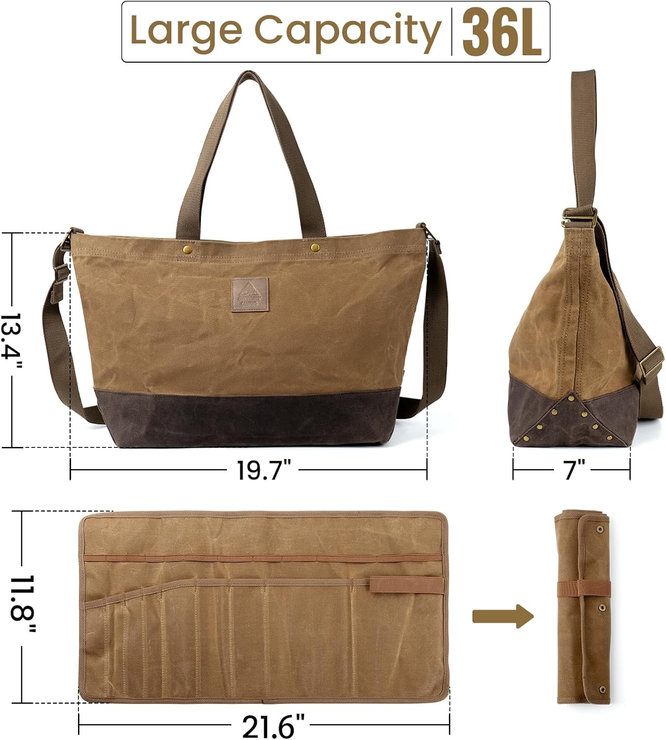OneTigris Waxed Canvas Tool Tote Bag with Removable Tool Roll Bag, 36L Large Capacity Storage Tote Bag - Heavy Duty Canvas Bag and Tactical Camping Storage for Gardening,Camping Gear Firewood - Image 2