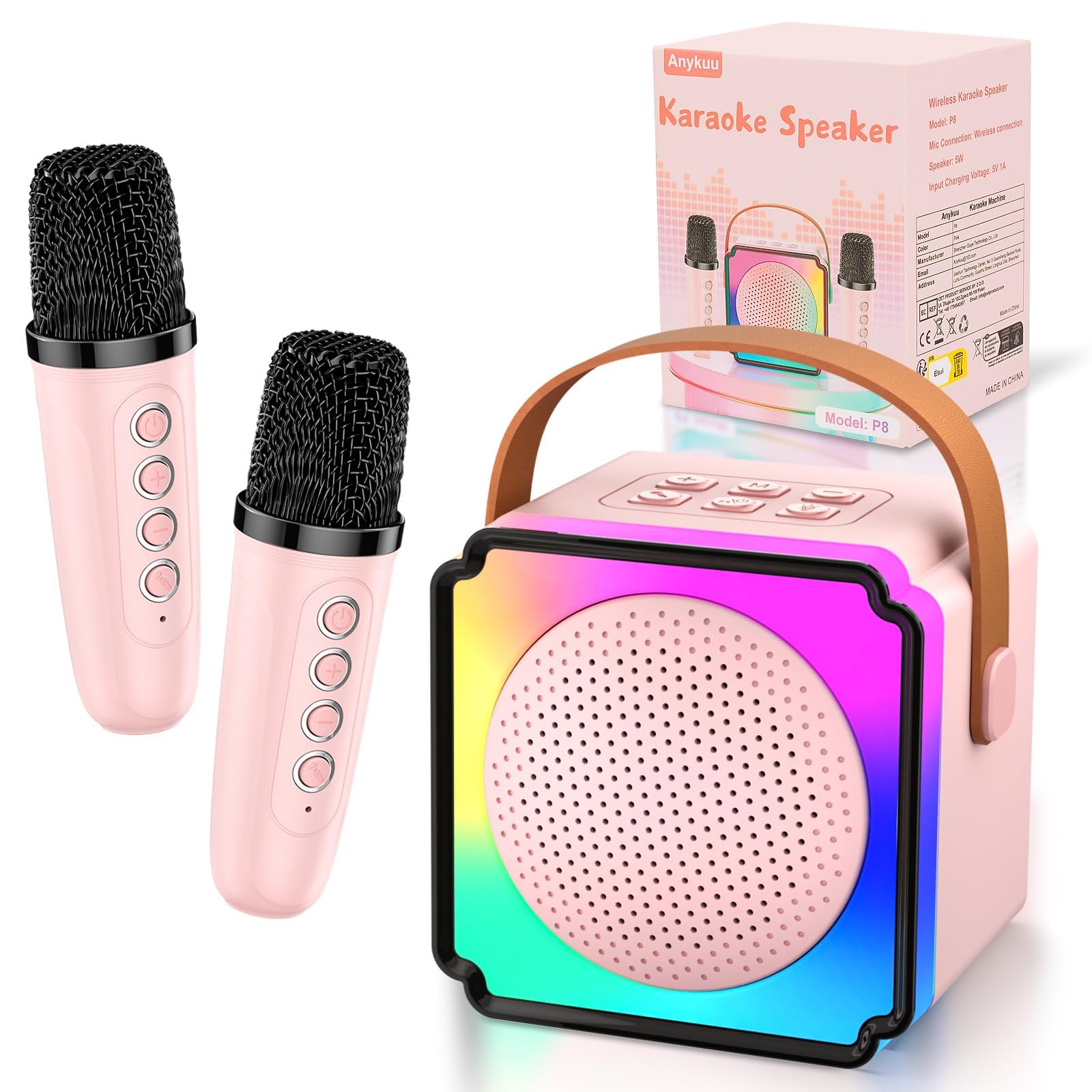 Anykuu Karaoke per Bambini con Microfono, Macchina per Karaoke Senza Fili Portatile con 2 Microfoni Wireless e Luce LED