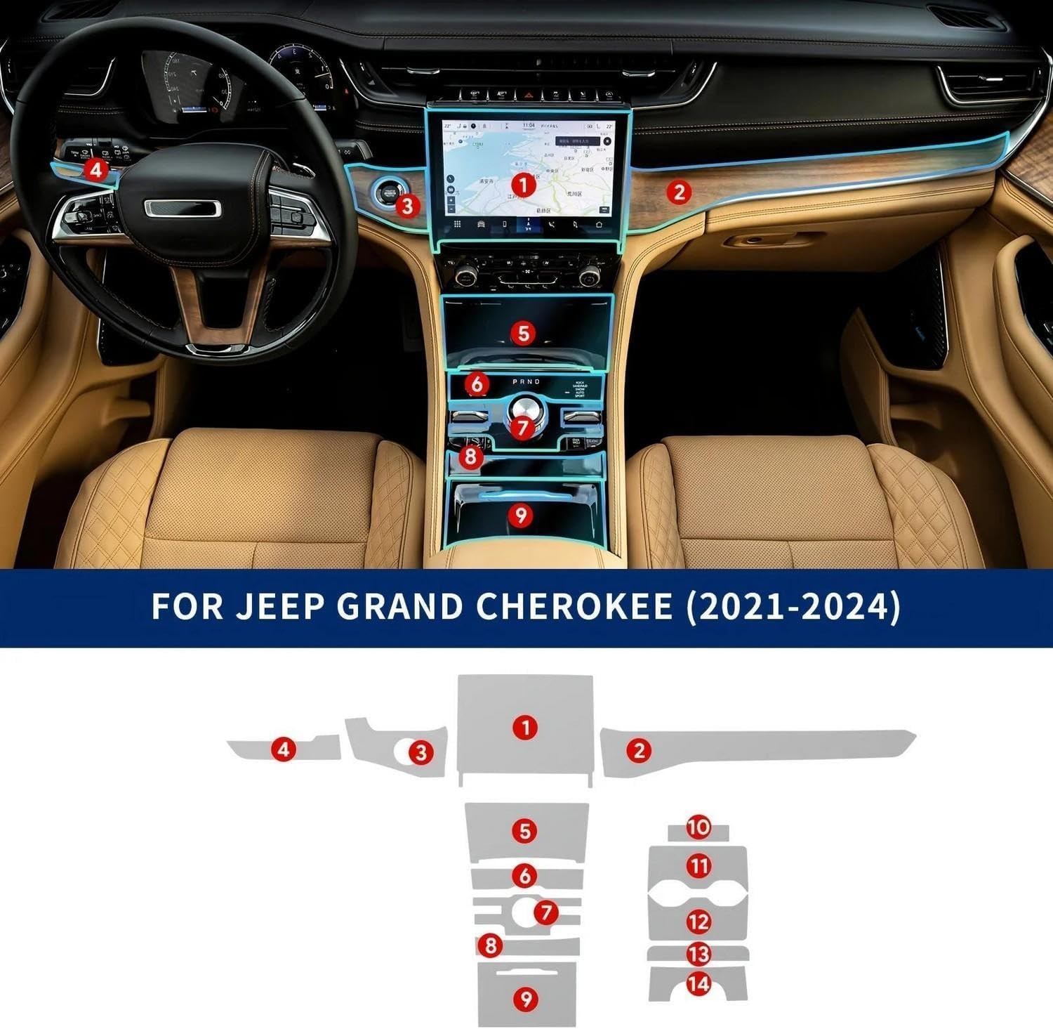 Deska rozdzielcza samochodu, ekran nawigacyjny, folia ochronna TPU, przezroczysta folia, do Jeep Grand Cherokee 2021-2024 (dla LHD/Clear)