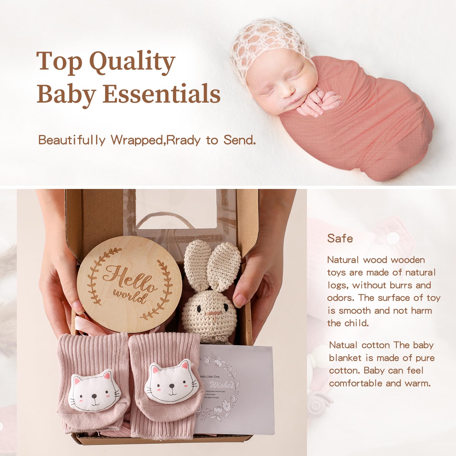 WOODEN TEETHER Zestaw 10-częściowy dla dziewczynki, prezent dla dziewczynki i chłopca dla noworodka, ręczniki kąpielowe, uchwyt na smoczek, dzwoneczek, kartki z kamieniami milowymi, fartuchy