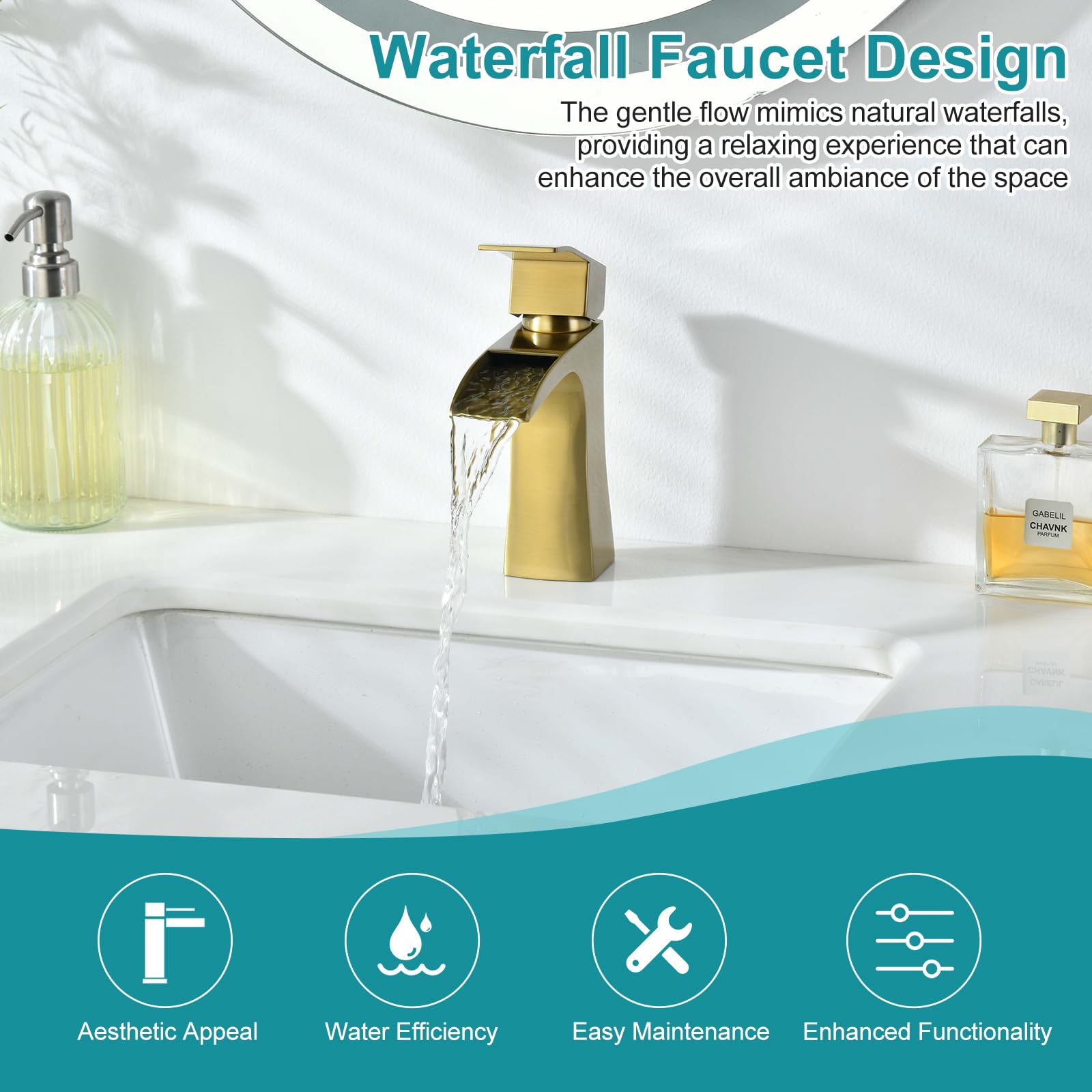Bathroom Sink Mixer Taps, Waterfall Taps for Bathroom Sink Square Modern Cloakroom Faucet - Image 4