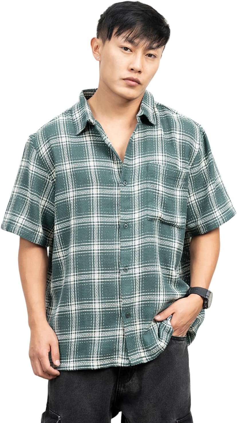 HubberholmeMen Check Cotton Oversized Fit Collar Short Sleeve Shirts 2