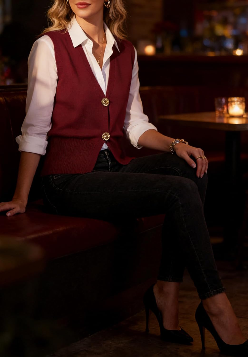 GUOLEZEEV Womens Sweater Vest Button Up V Neck Knit Vest Tops Sleeveless Cardigan Sweaters Tank Top - Image 5