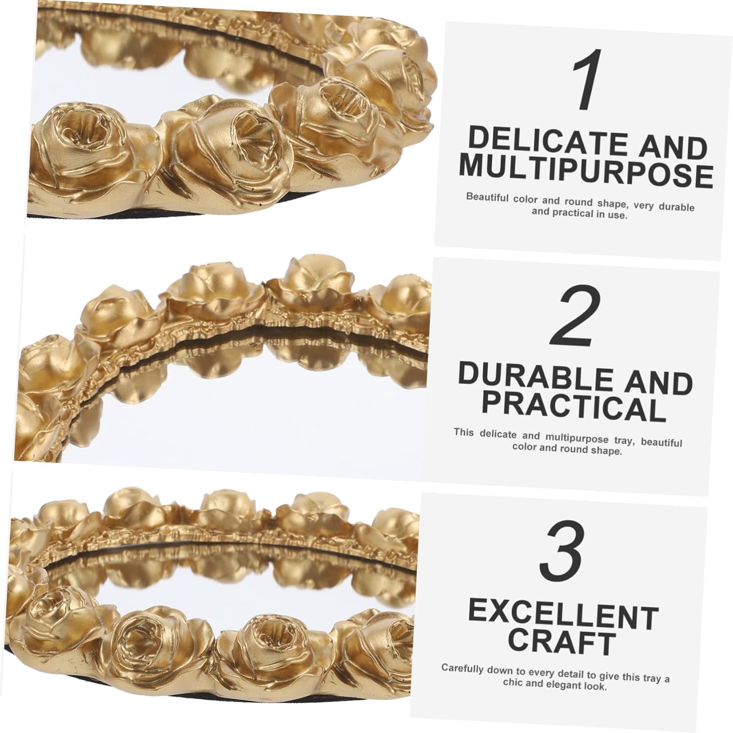 Zerodeko Elegant Vintage Decorative Tray for Jewelry Makeup and Trinkets Mirror Rose Design Multi-functional Storage Dish for Bathroom and Dresser Decor Gold Finish