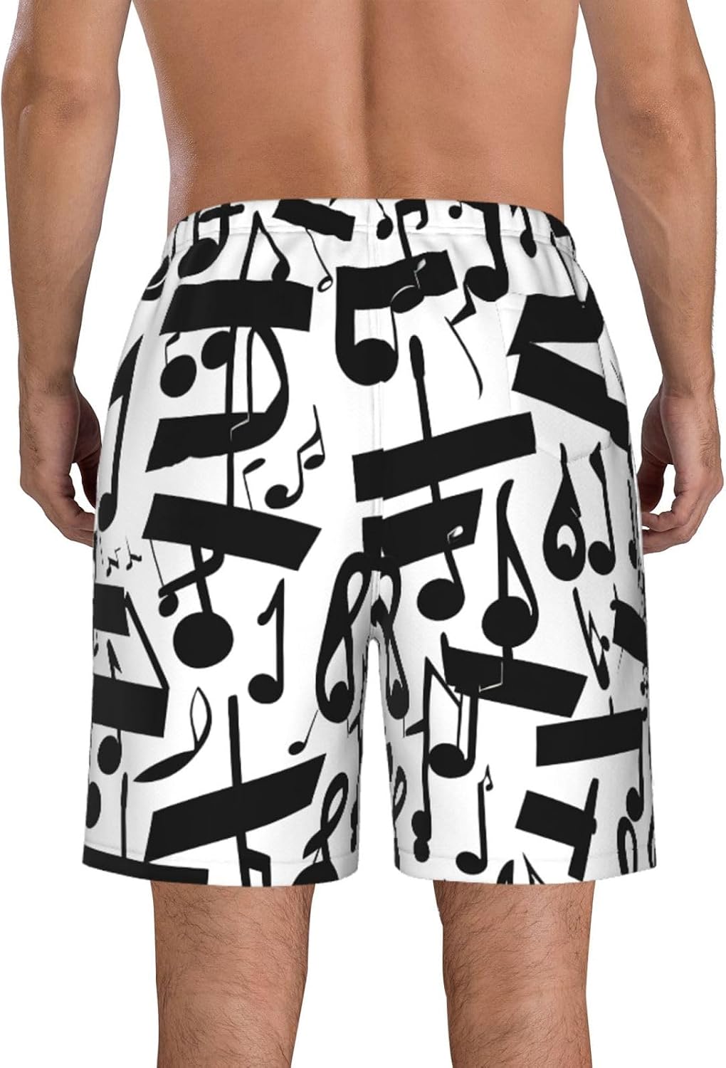 Black Music Note Print Mens Casual Shorts Drawstring Summer Beach Stretch Shorts Novelty Swimtrunks