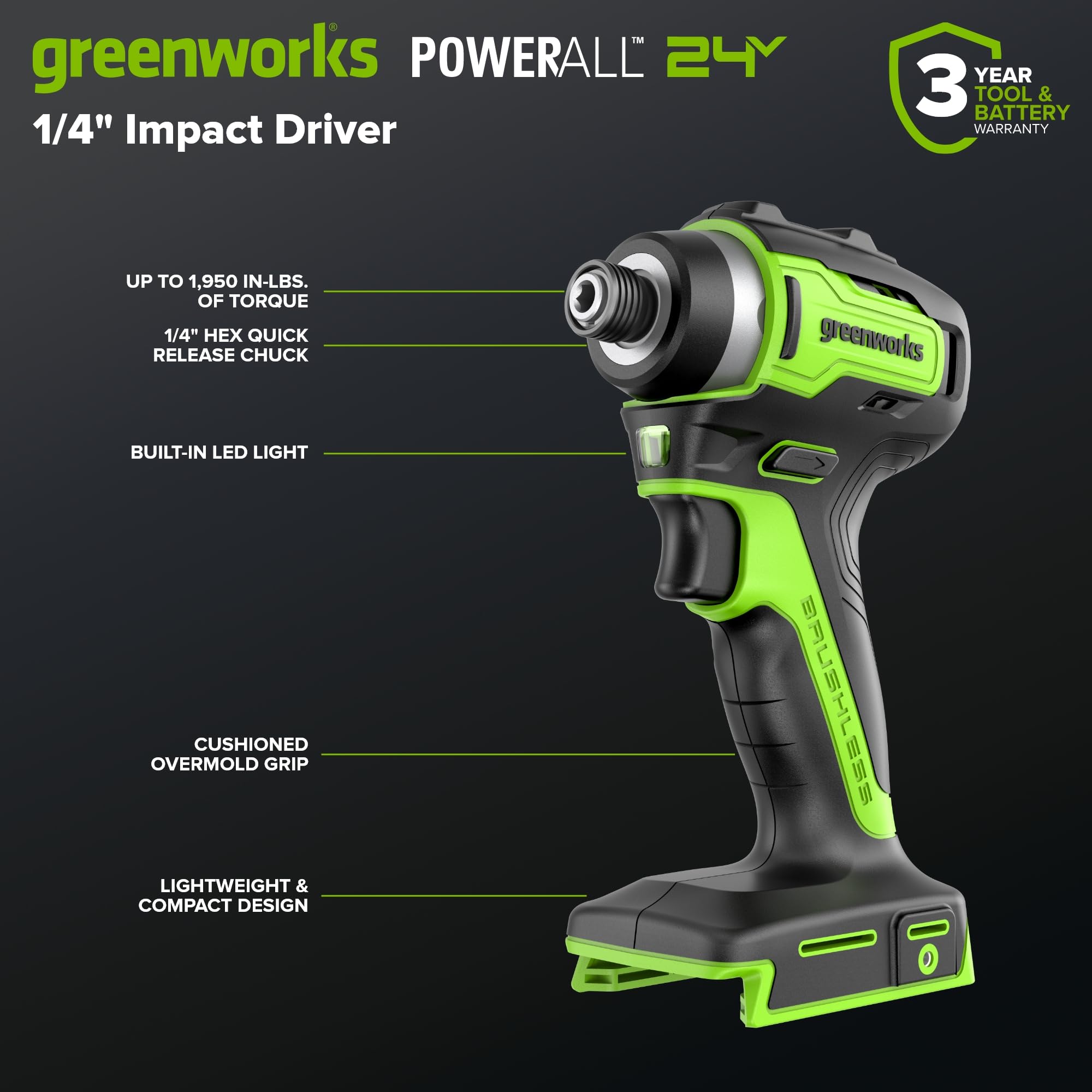 GREENWORKS 24V Set d'outils sans fil 4 pièces – Perceuse à percussion & Visseuse sans balai, Scie circulaire 6,5", Lampe LED, Batteries 4,0Ah + 2,0Ah (Powerbank 24.000 mAh), Chargeur rapide 65W